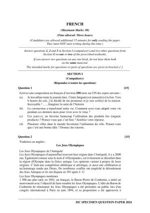 ISC Class 12 2024 FRENCH Sample Paper