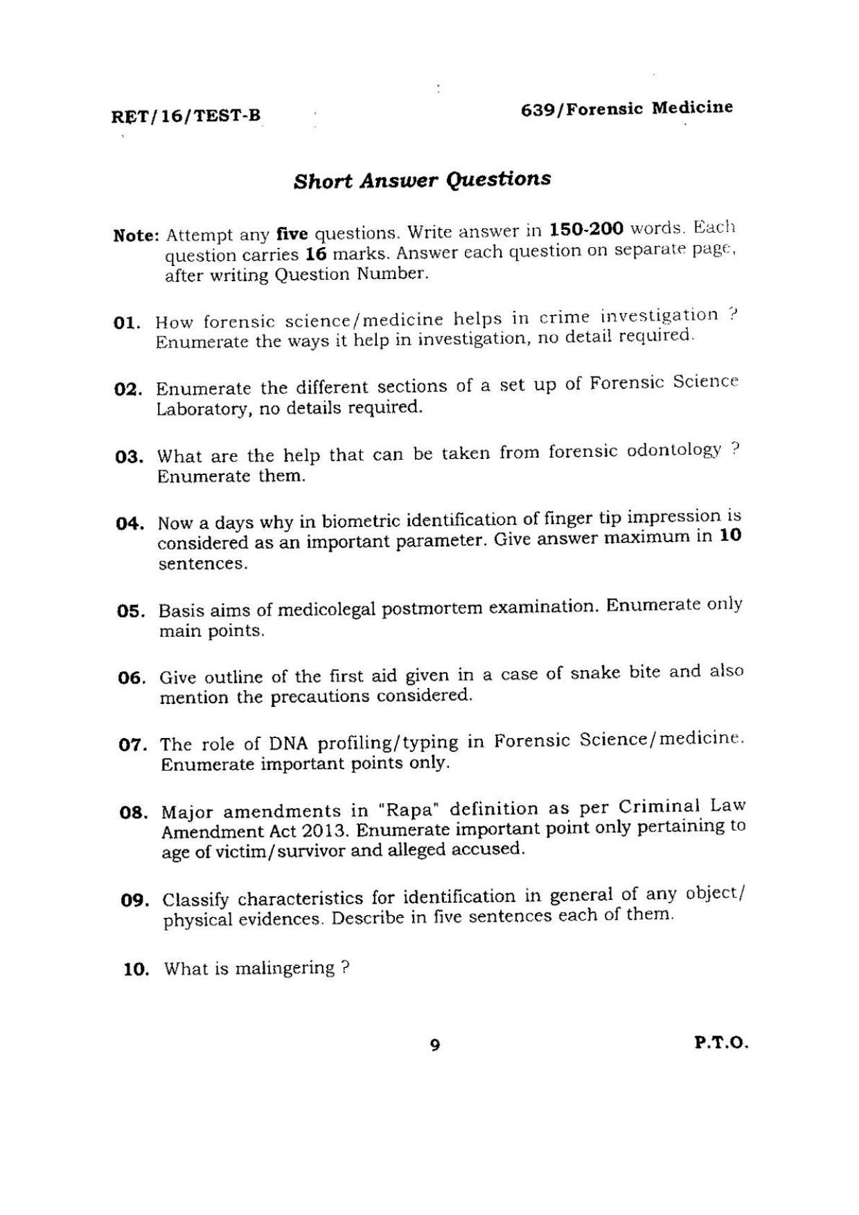 BHU RET FORENSIC MEDICINE 2016 Question Paper - Page 9