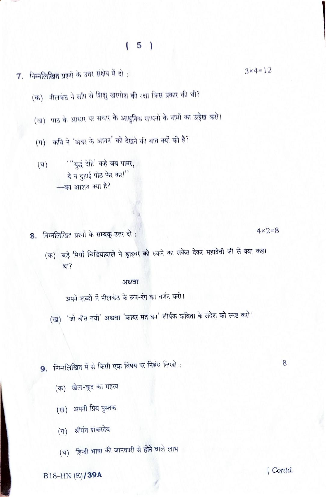 SEBA HSLC Hindi (Elective) Question Paper 2018 - Page 5