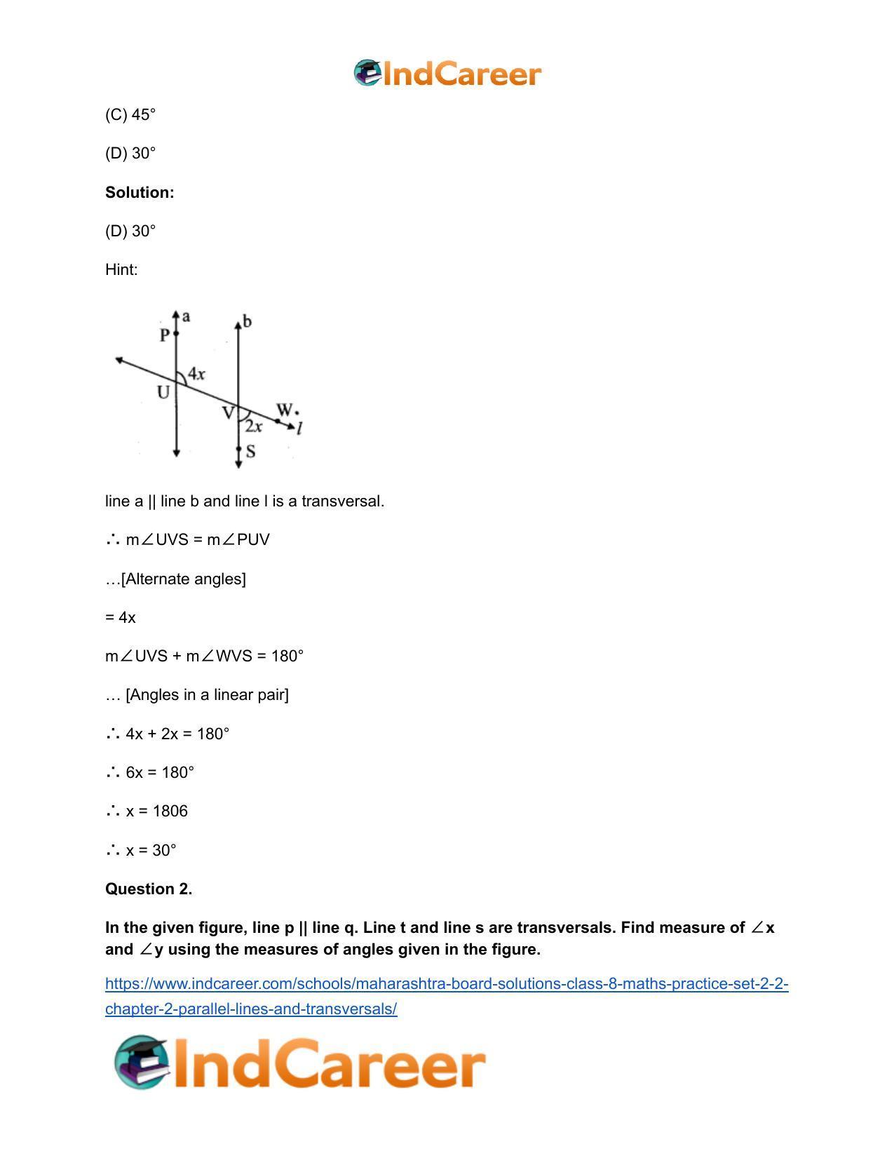 Maharashtra Board Solutions Class 8-Maths (Practice Set 2.2): Chapter 2- Parallel Lines and Transversals - Page 4