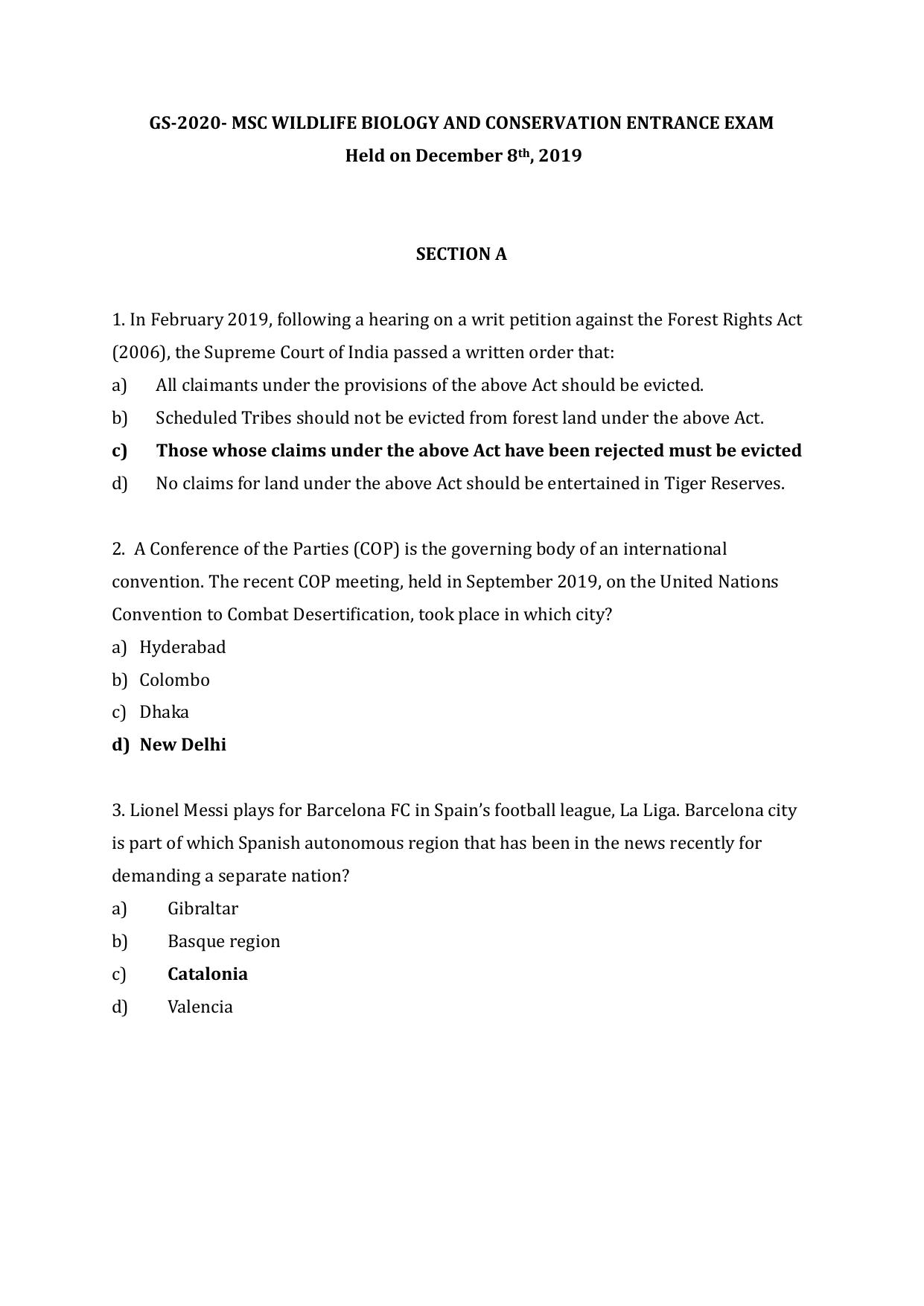 JGEEBILS Wildlife Biology & Conservation Question Paper 2020 - Page 1