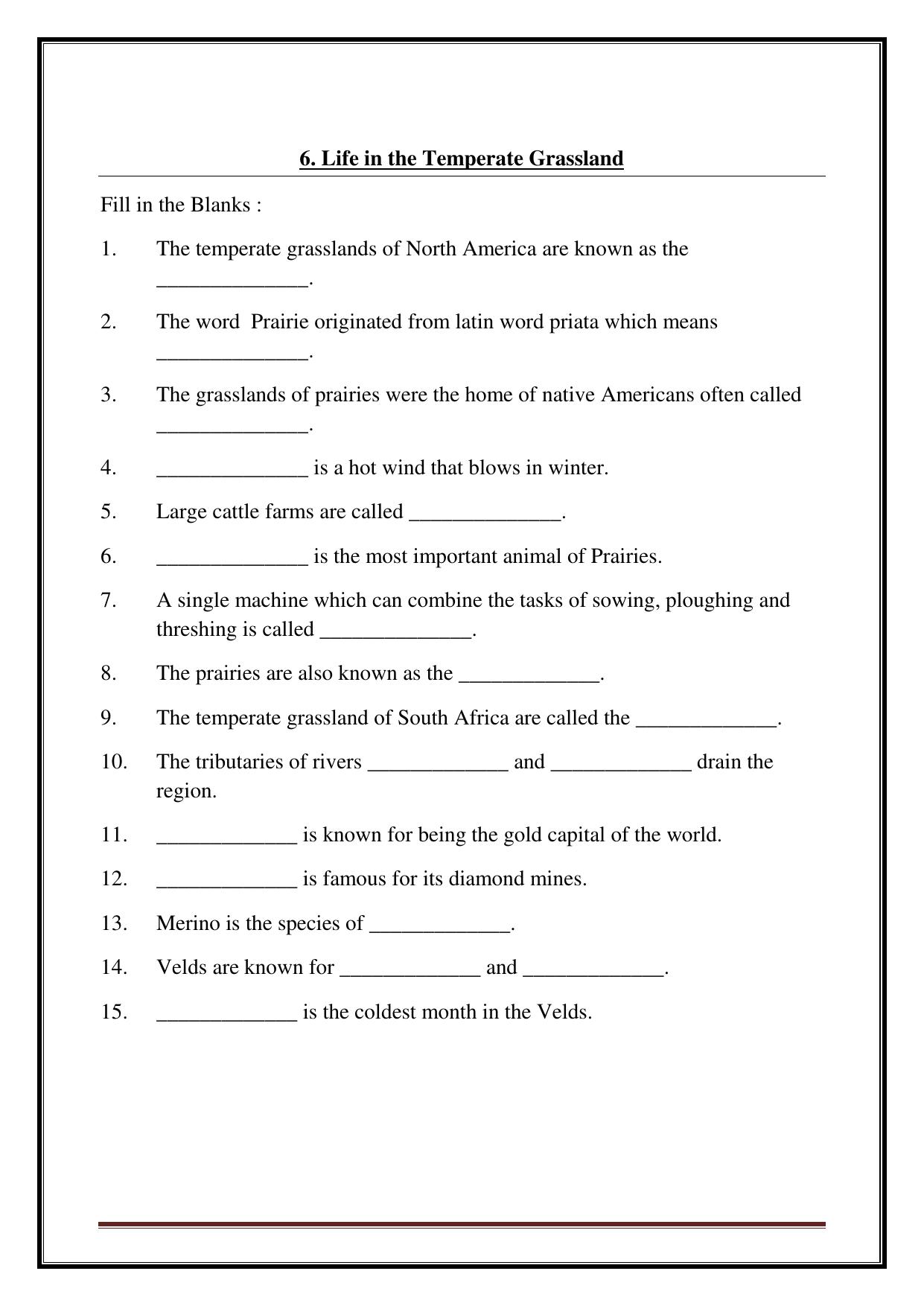 CBSE Worksheets for Class 7 Social Science Life in the Temperate Grassland Assignment - Page 1