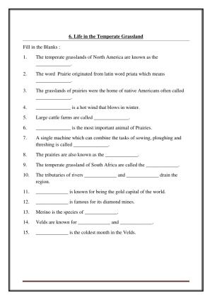 CBSE Worksheets for Class 7 Social Science Life in the Temperate Grassland Assignment