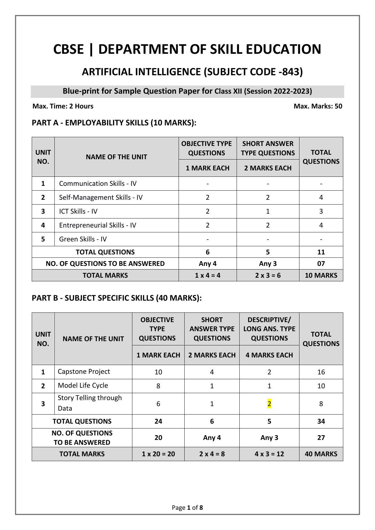 CBSE Class 12 Artificial Intelligence (Skill Education) Sample Papers 2023 - Page 1