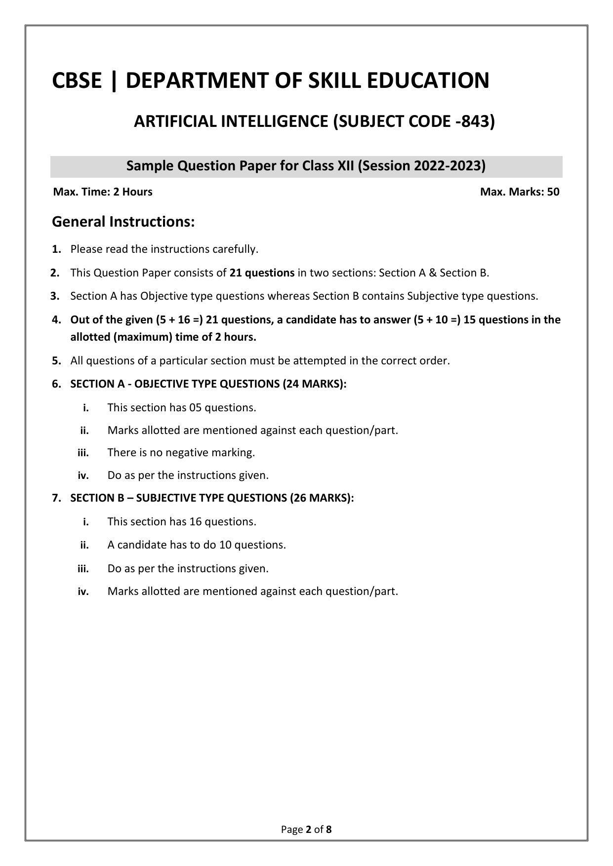 CBSE Class 12 Artificial Intelligence (Skill Education) Sample Papers 2023 - Page 2