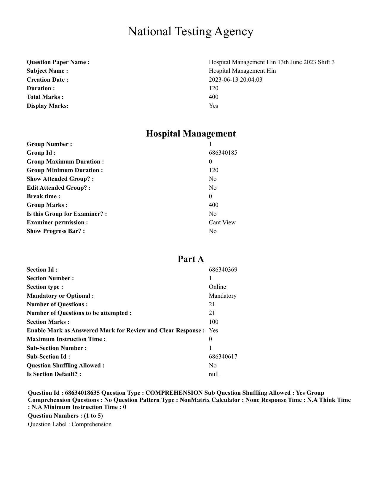 CUET PG 2023: COQP22 – Hospital Management(HINDI) - Shift 3 (13-06-2023) Question Paper - Page 1
