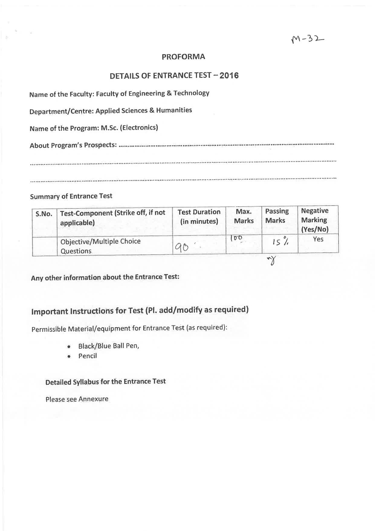 JMI Entrance Exam M32-M.Sc. (Electronics) Syllabus - Page 1