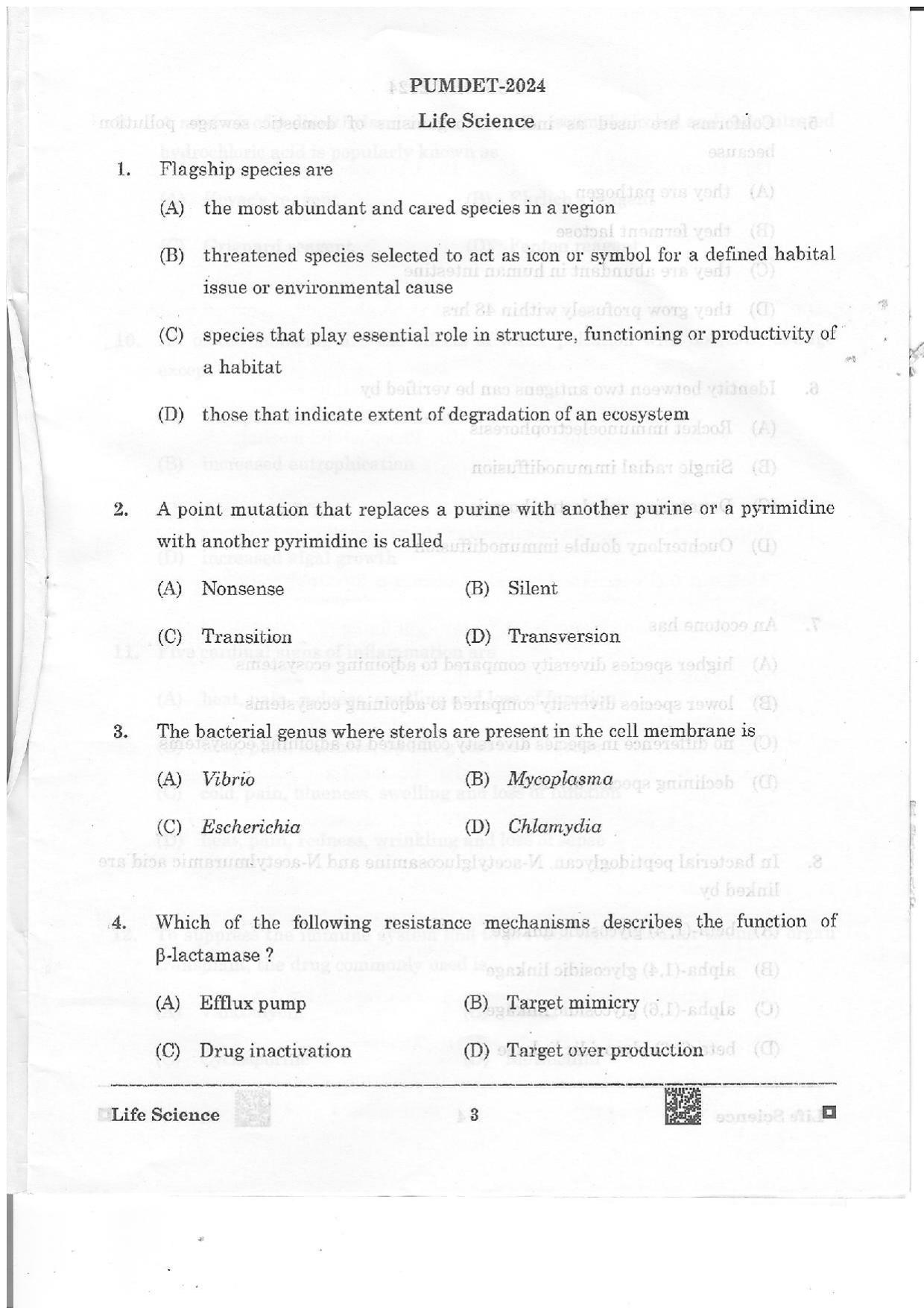 PUMDET 2024 Life Science Question Paper - Page 3