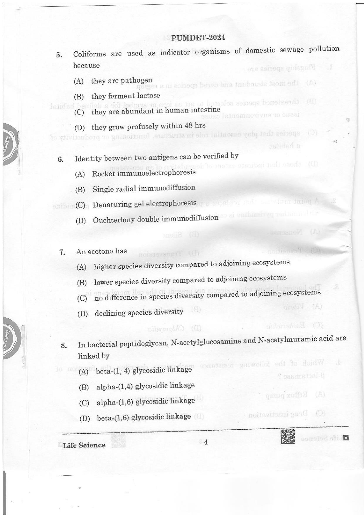 PUMDET 2024 Life Science Question Paper - Page 4