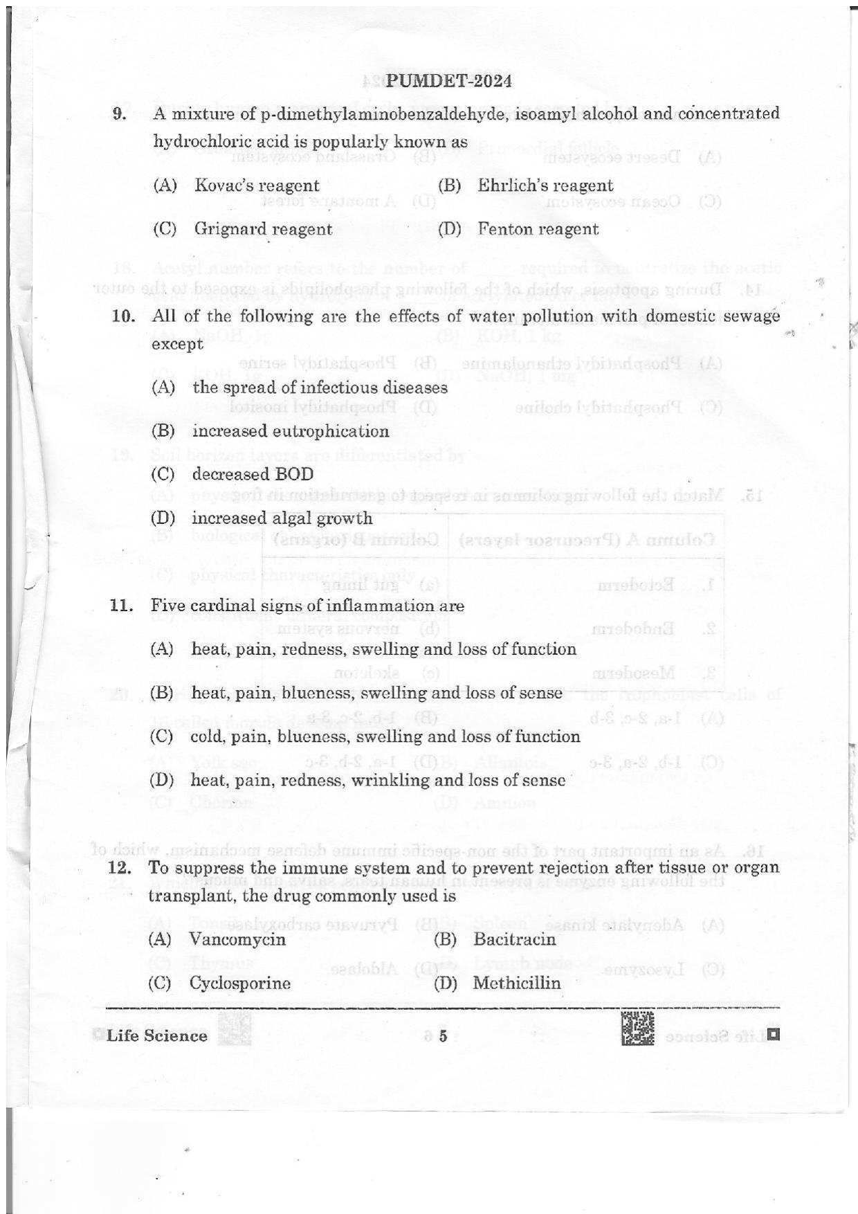 PUMDET 2024 Life Science Question Paper - Page 5