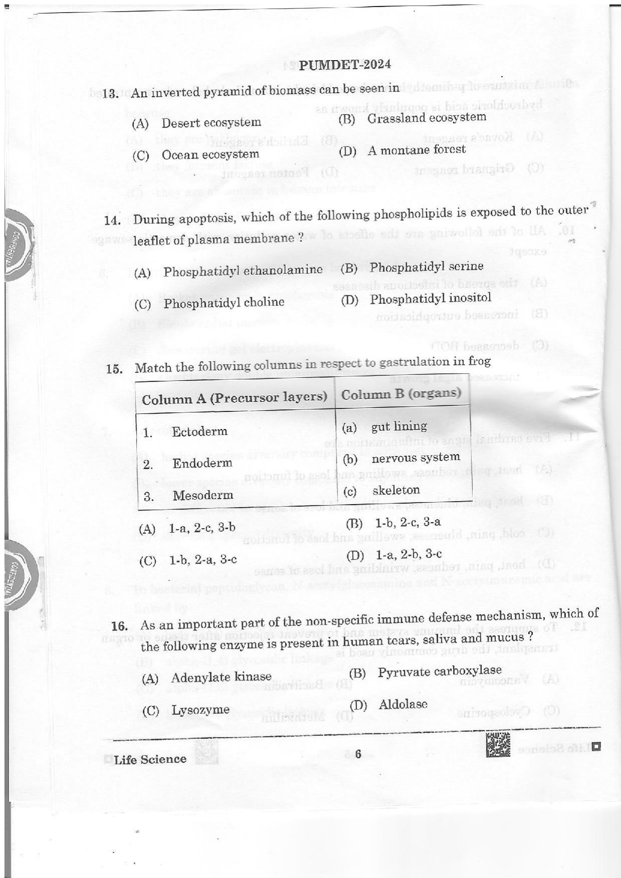 PUMDET 2024 Life Science Question Paper - Page 6
