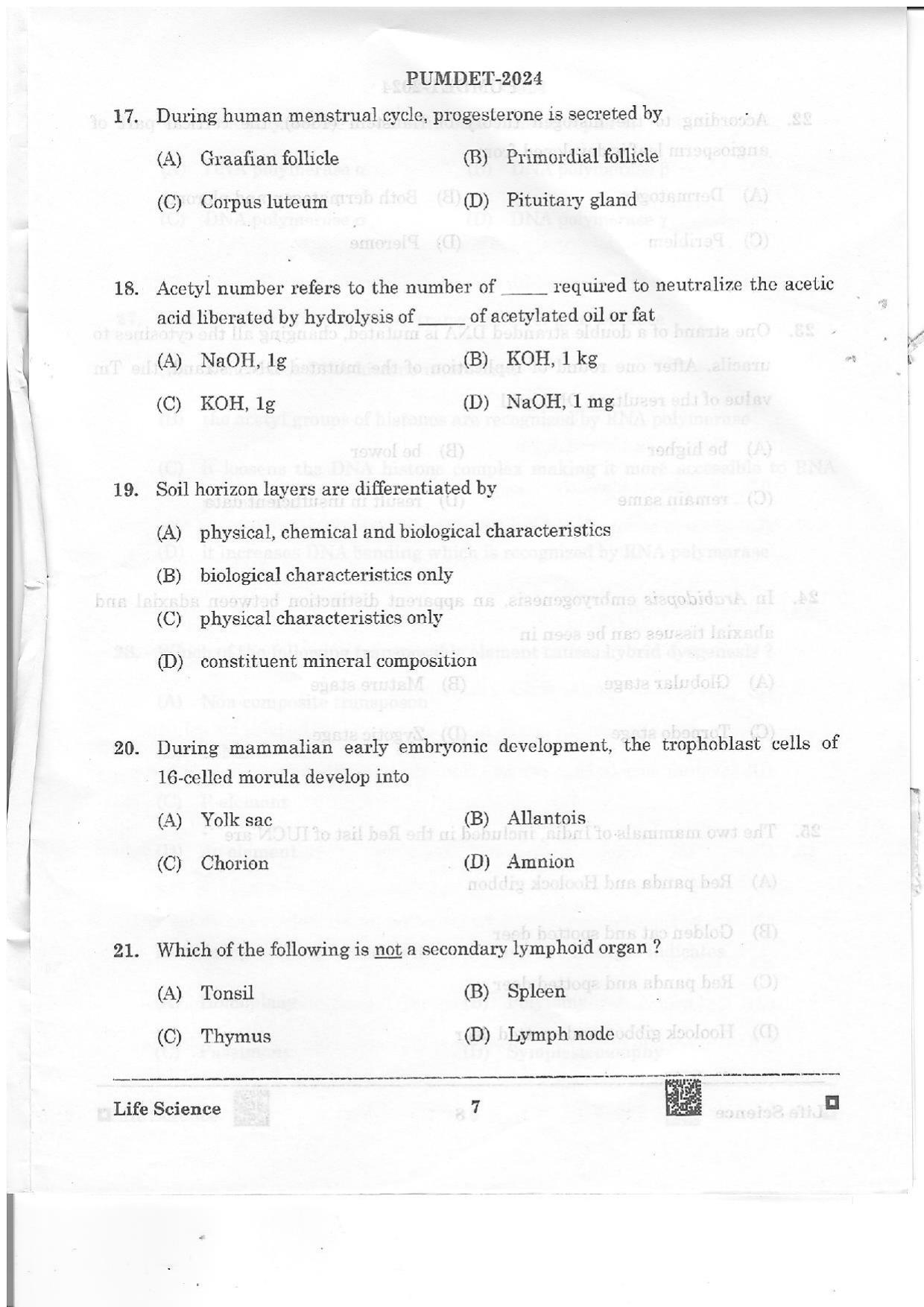 PUMDET 2024 Life Science Question Paper - Page 7