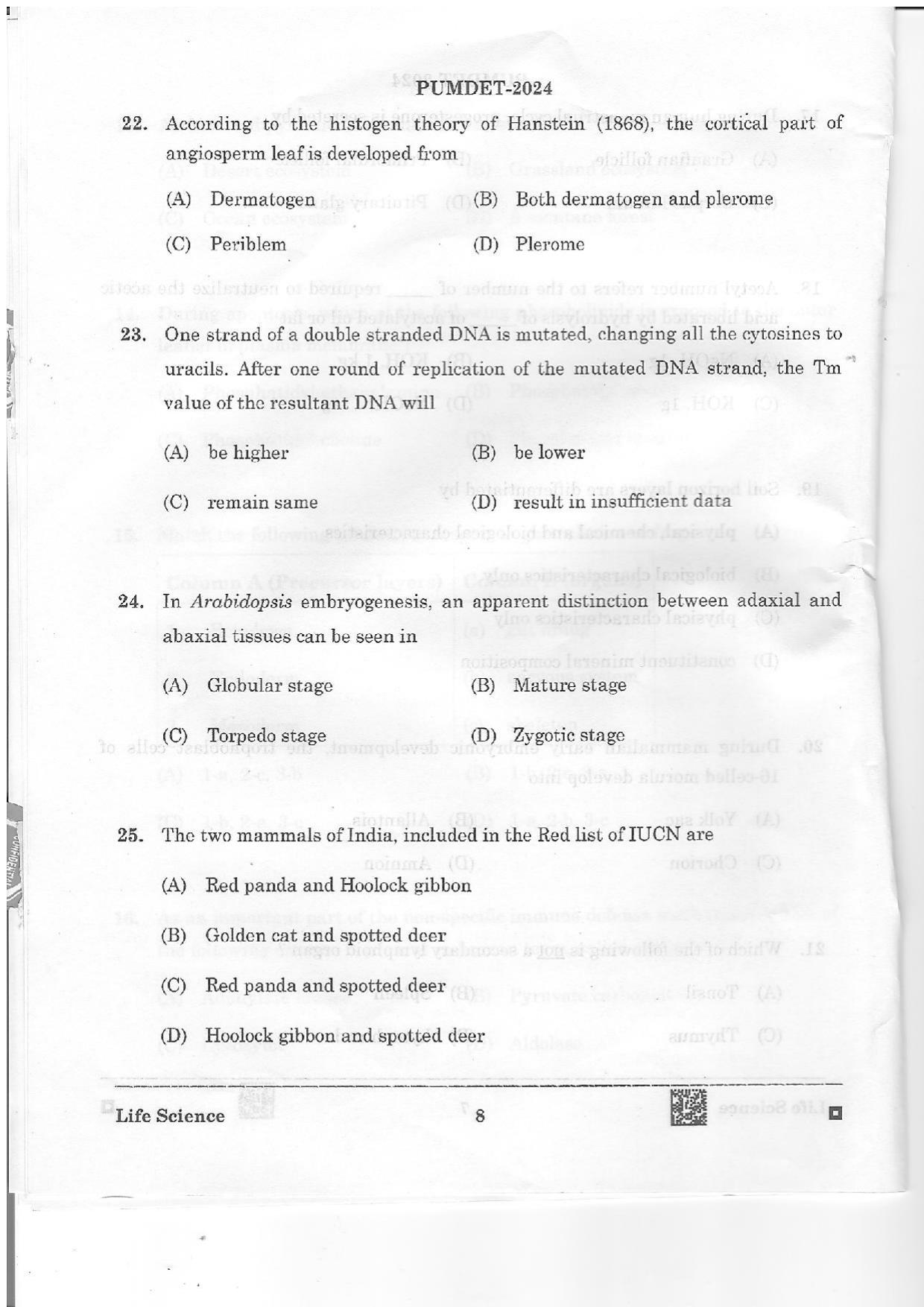 PUMDET 2024 Life Science Question Paper - Page 8