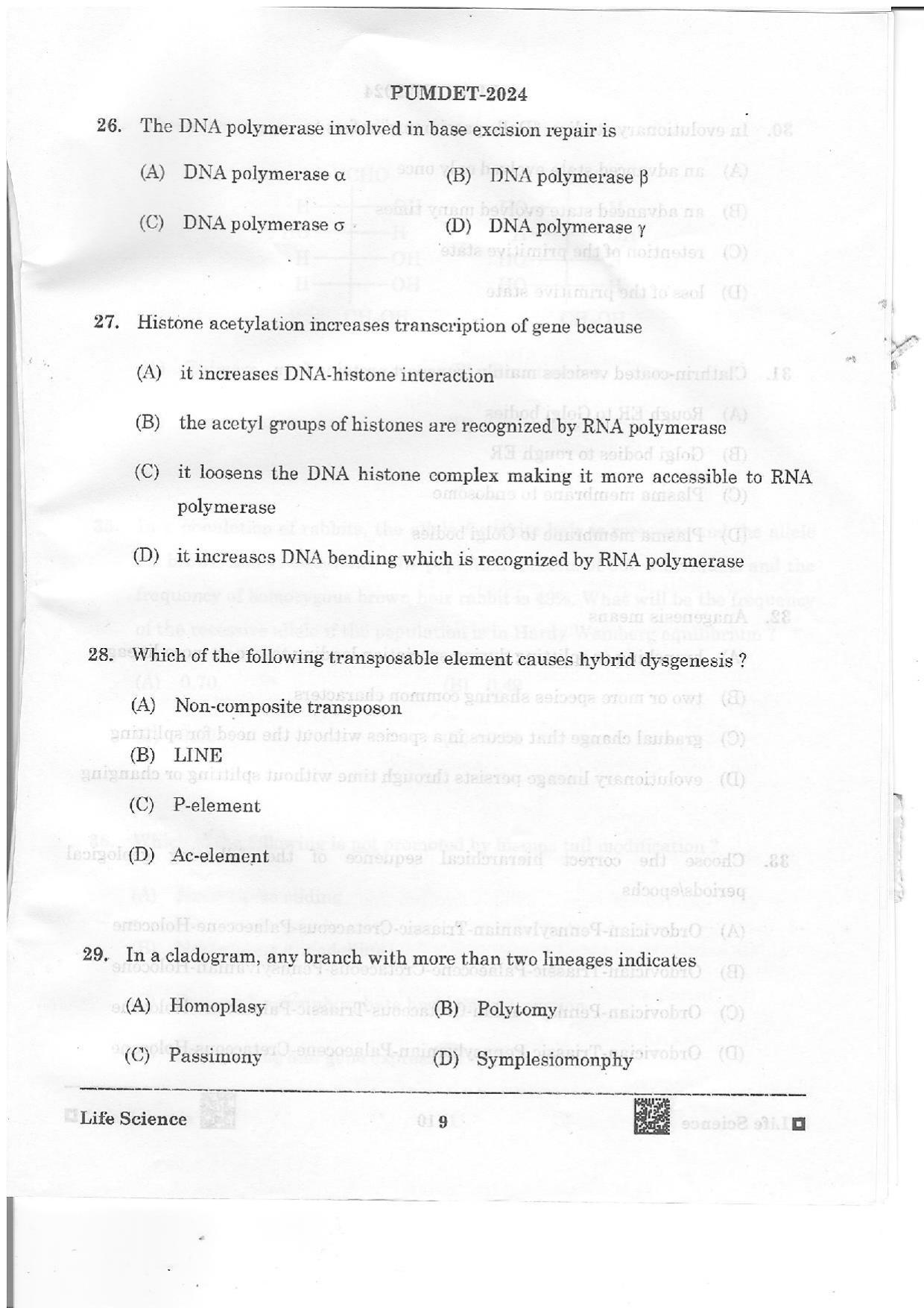 PUMDET 2024 Life Science Question Paper - Page 9