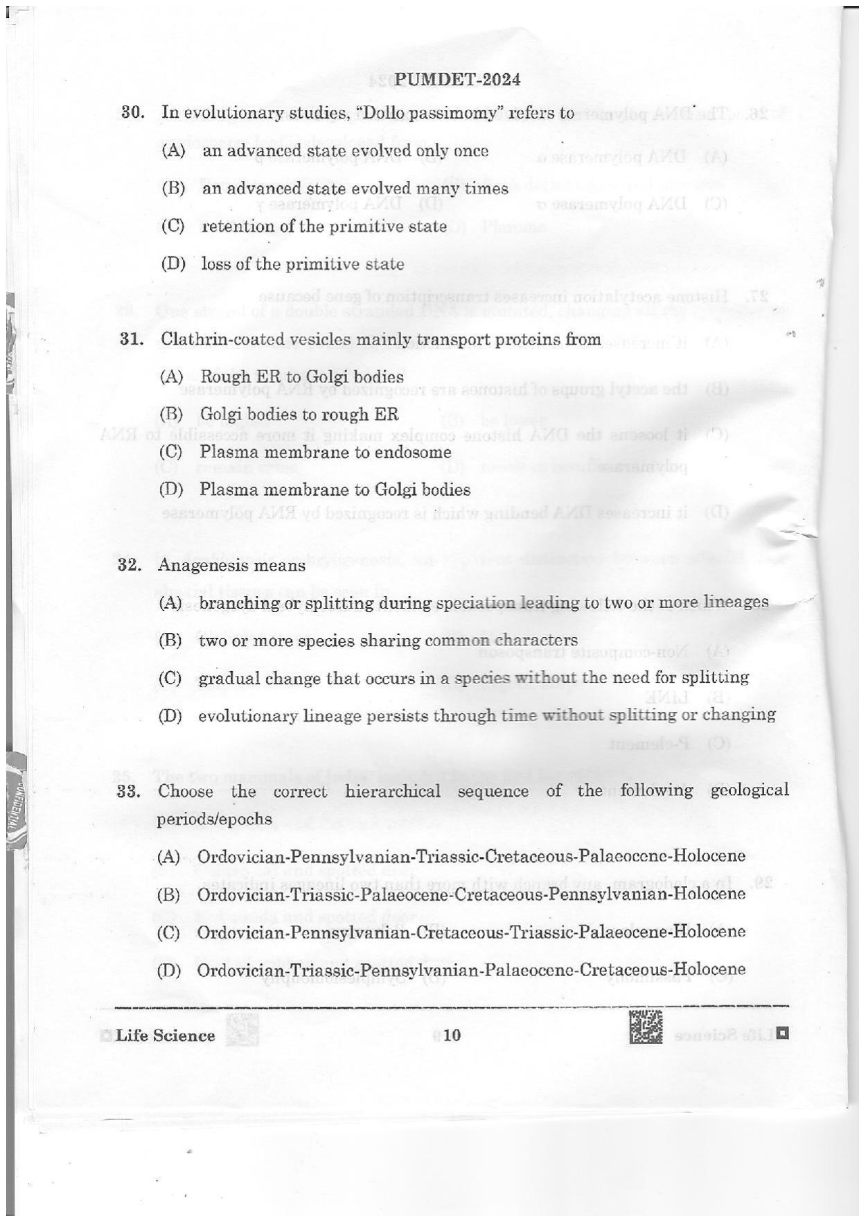 PUMDET 2024 Life Science Question Paper - Page 10