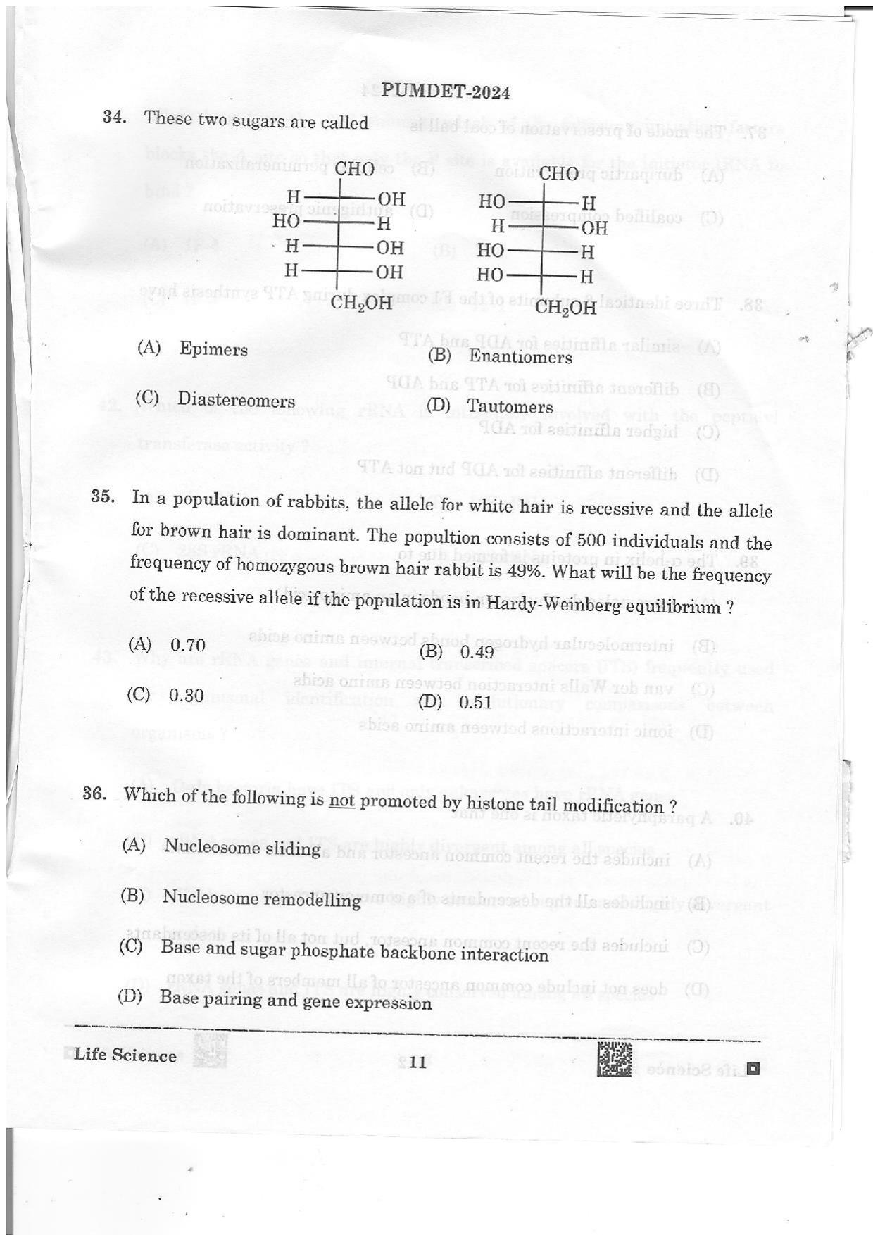 PUMDET 2024 Life Science Question Paper - Page 11