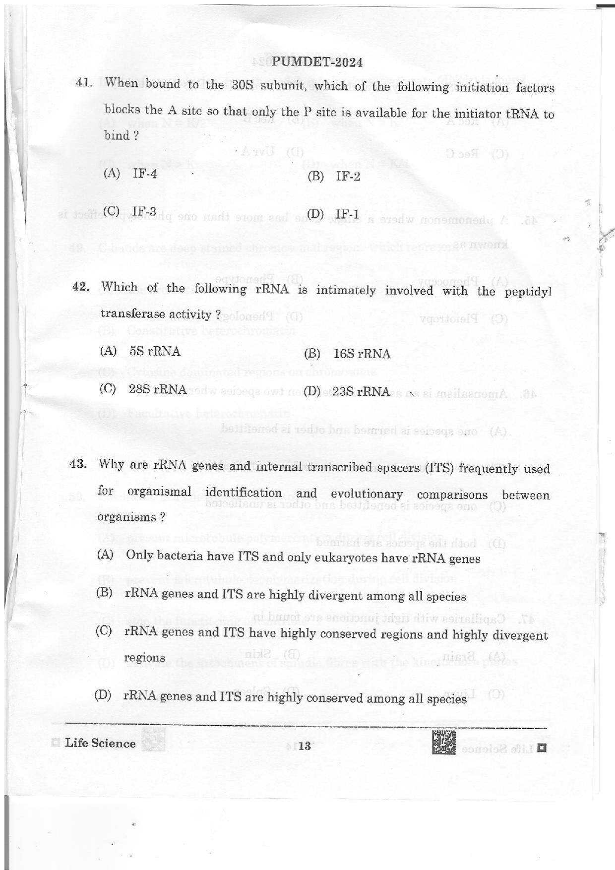 PUMDET 2024 Life Science Question Paper - Page 13