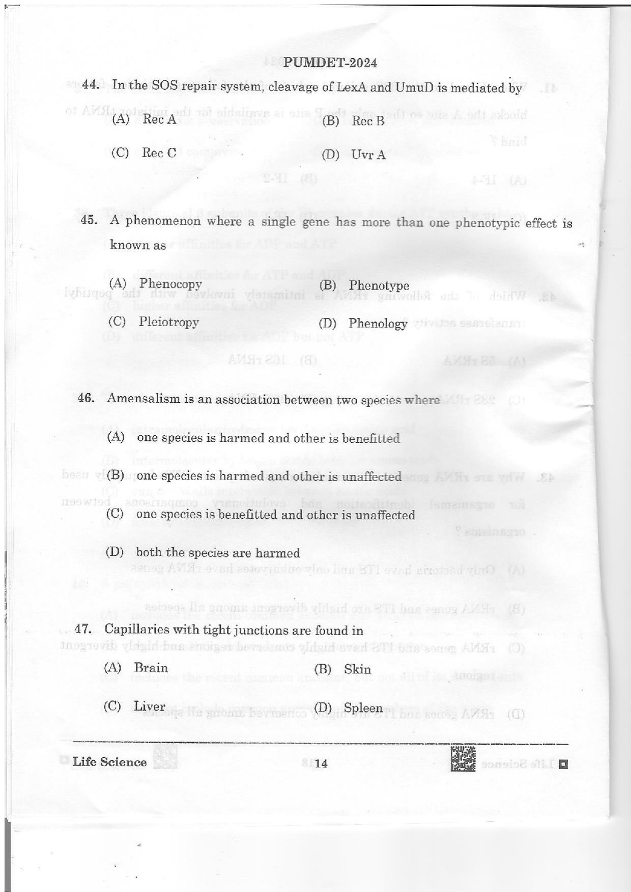 PUMDET 2024 Life Science Question Paper - Page 14