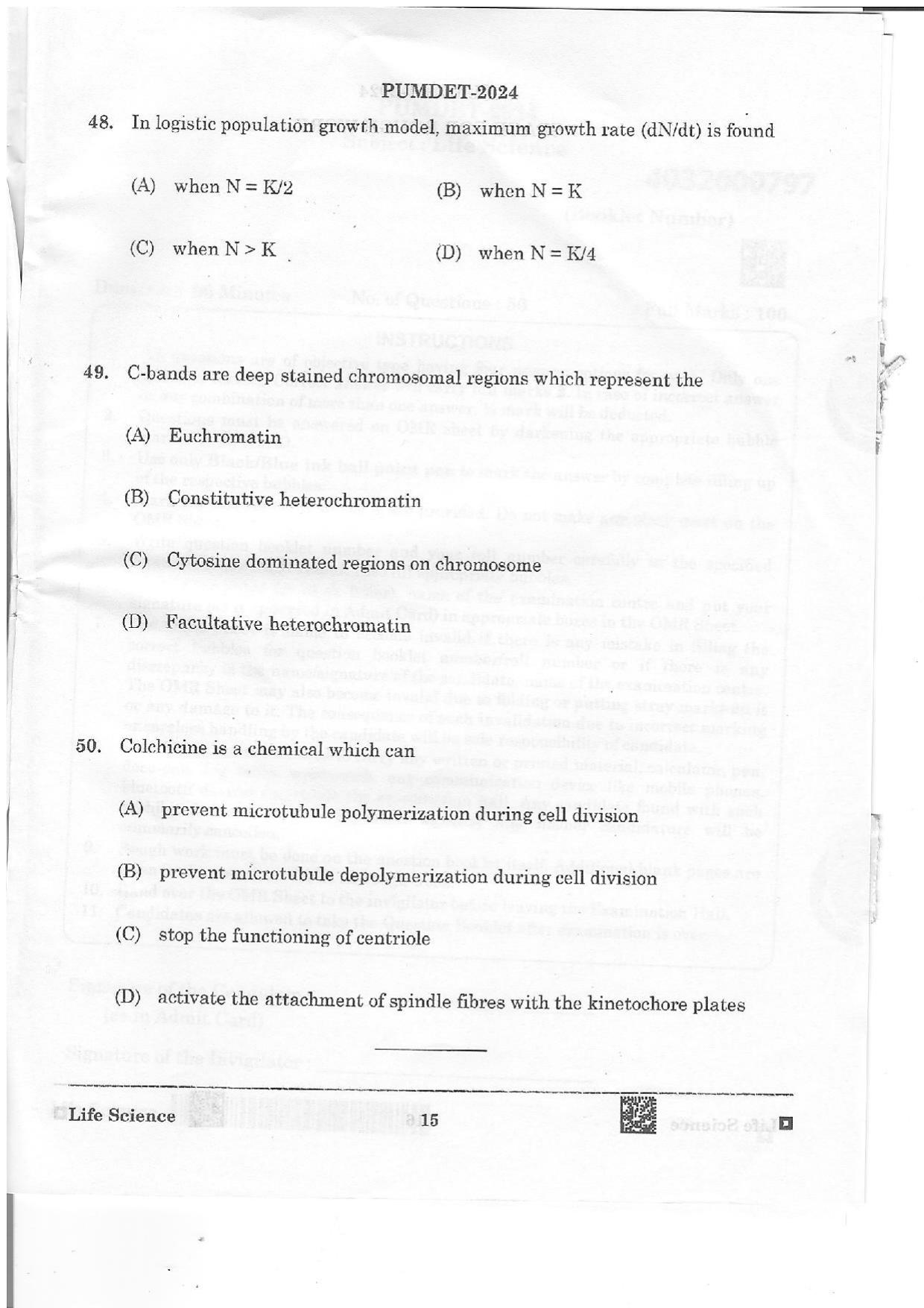 PUMDET 2024 Life Science Question Paper - Page 15