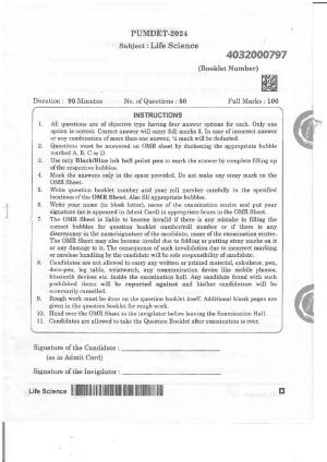 PUMDET 2024 Life Science Question Paper