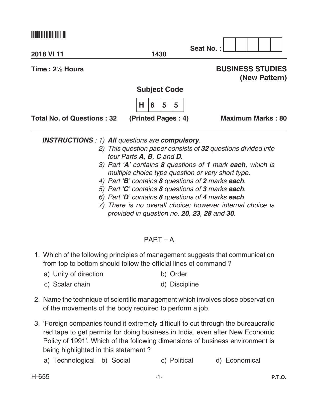 Goa Board Class 12 Business Studies  655 New Pattern Paper 1 (June 2018) Question Paper - Page 1