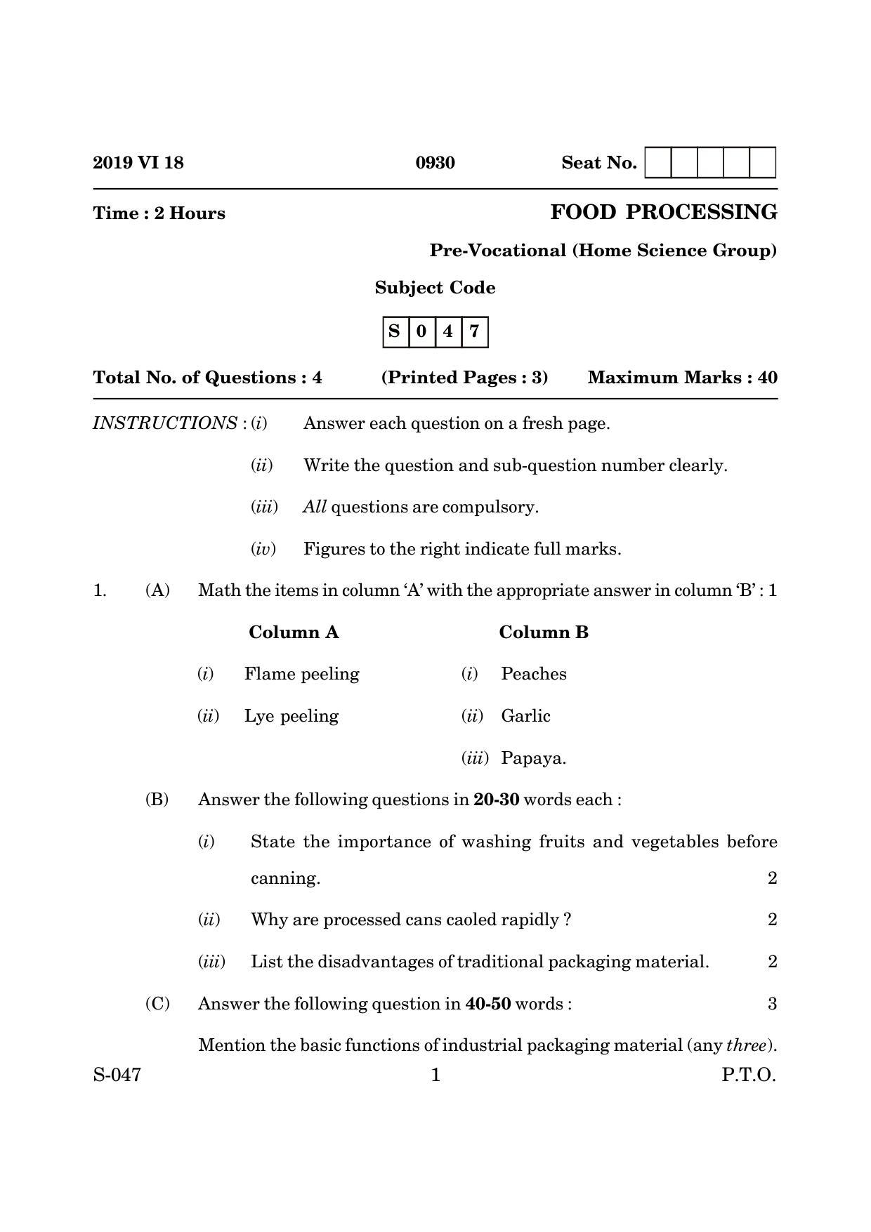 Goa Board Class 10 Food Processing (June 2019) Question Paper - Page 1