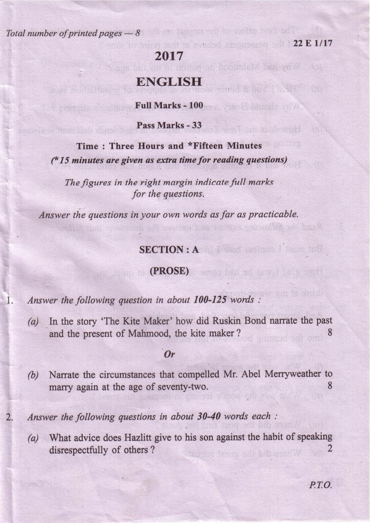 COHSEM Class 12 English 2017 Question Papers - Page 1