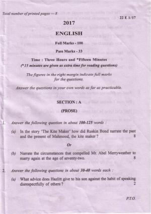 COHSEM Class 12 English 2017 Question Papers