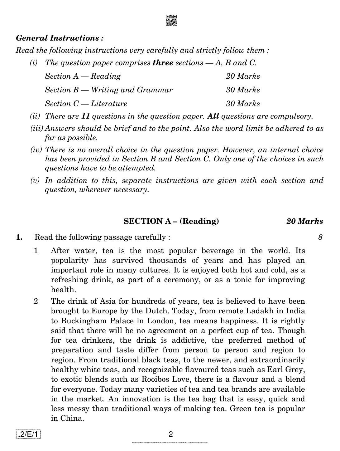 CBSE Class 10 2-C-1 Eng Lang. And Literature 2020 Compartment Question Paper - Page 2