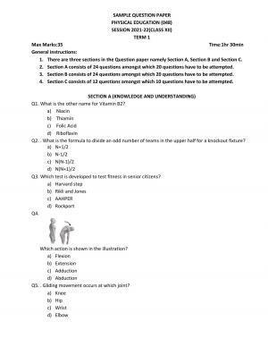CBSE Class 12th Physical Education Sample Question Paper 2021-22