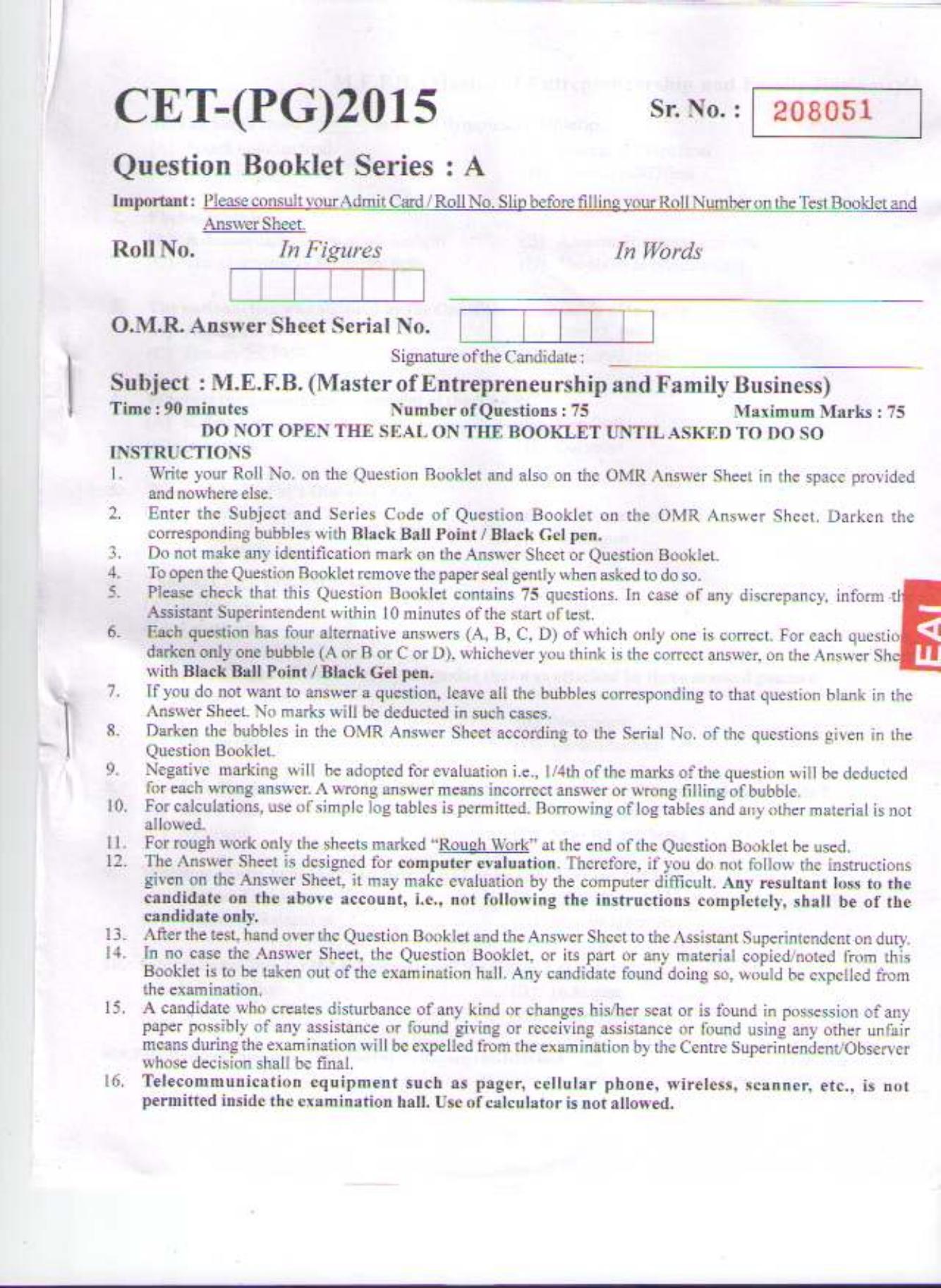 PU CET PG 2015: M.E.F.B Question Paper - Page 1