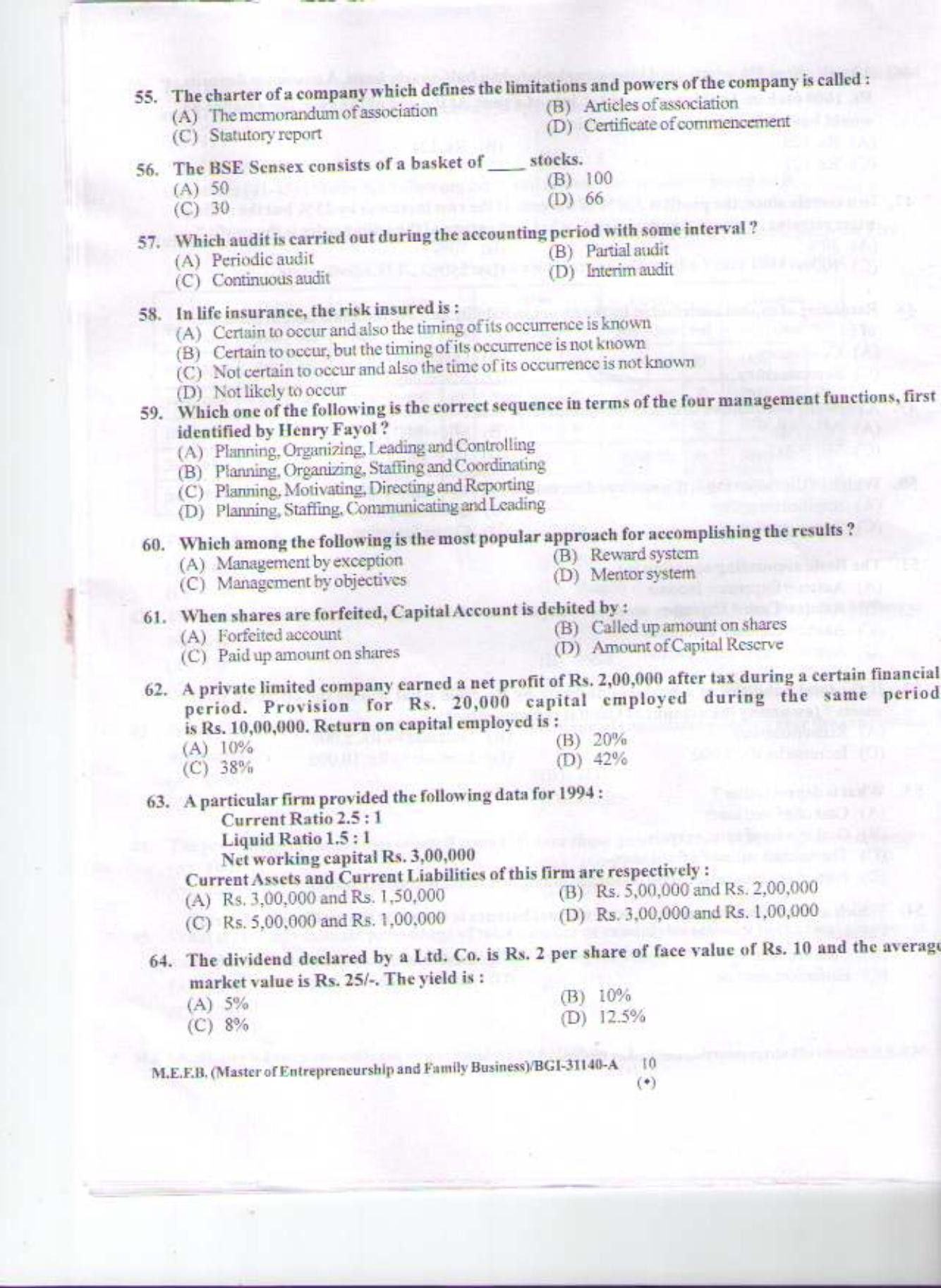 PU CET PG 2015: M.E.F.B Question Paper - Page 9