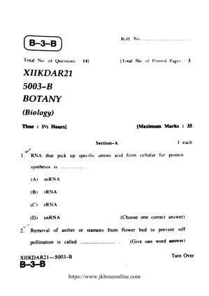 JKBOSE Class 12 Biology-Botany 5003-B Question Papers 2021