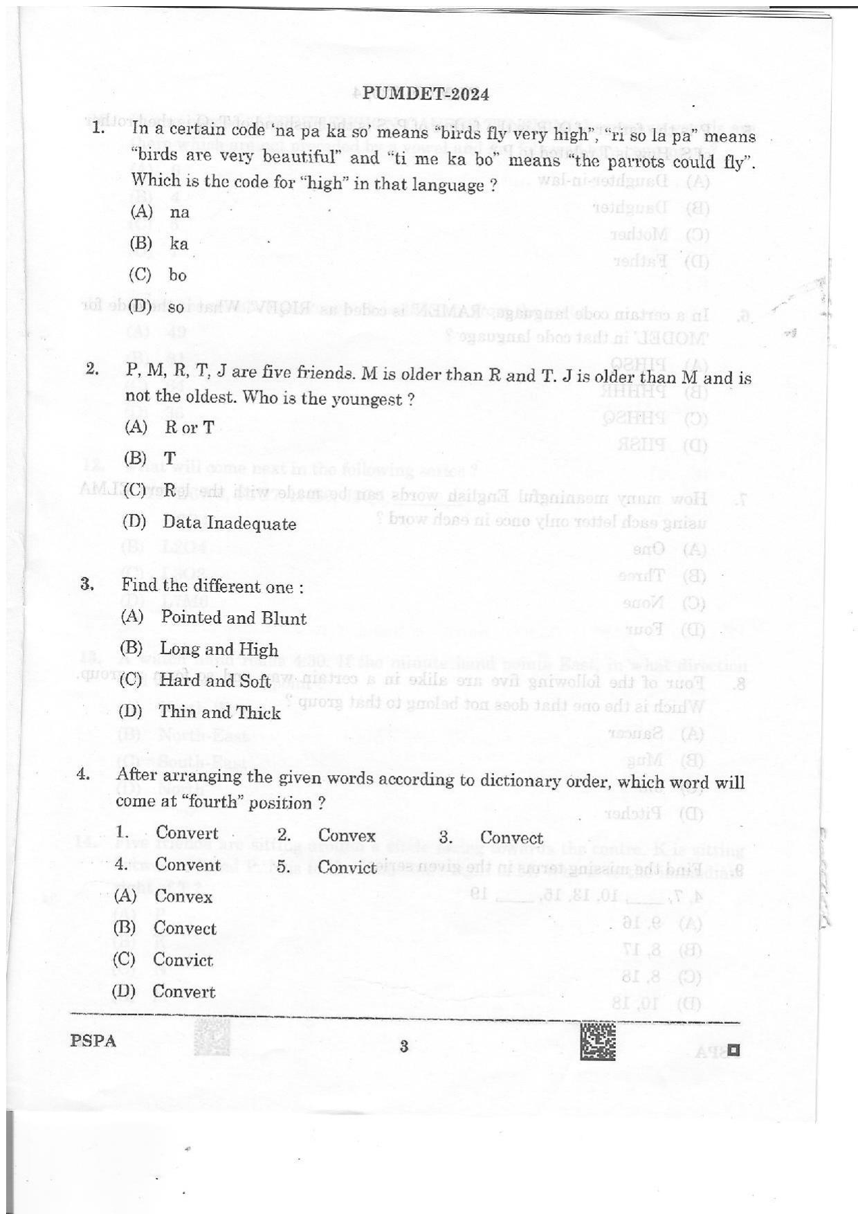PUMDET 2024 PSPA Question Paper - Page 3