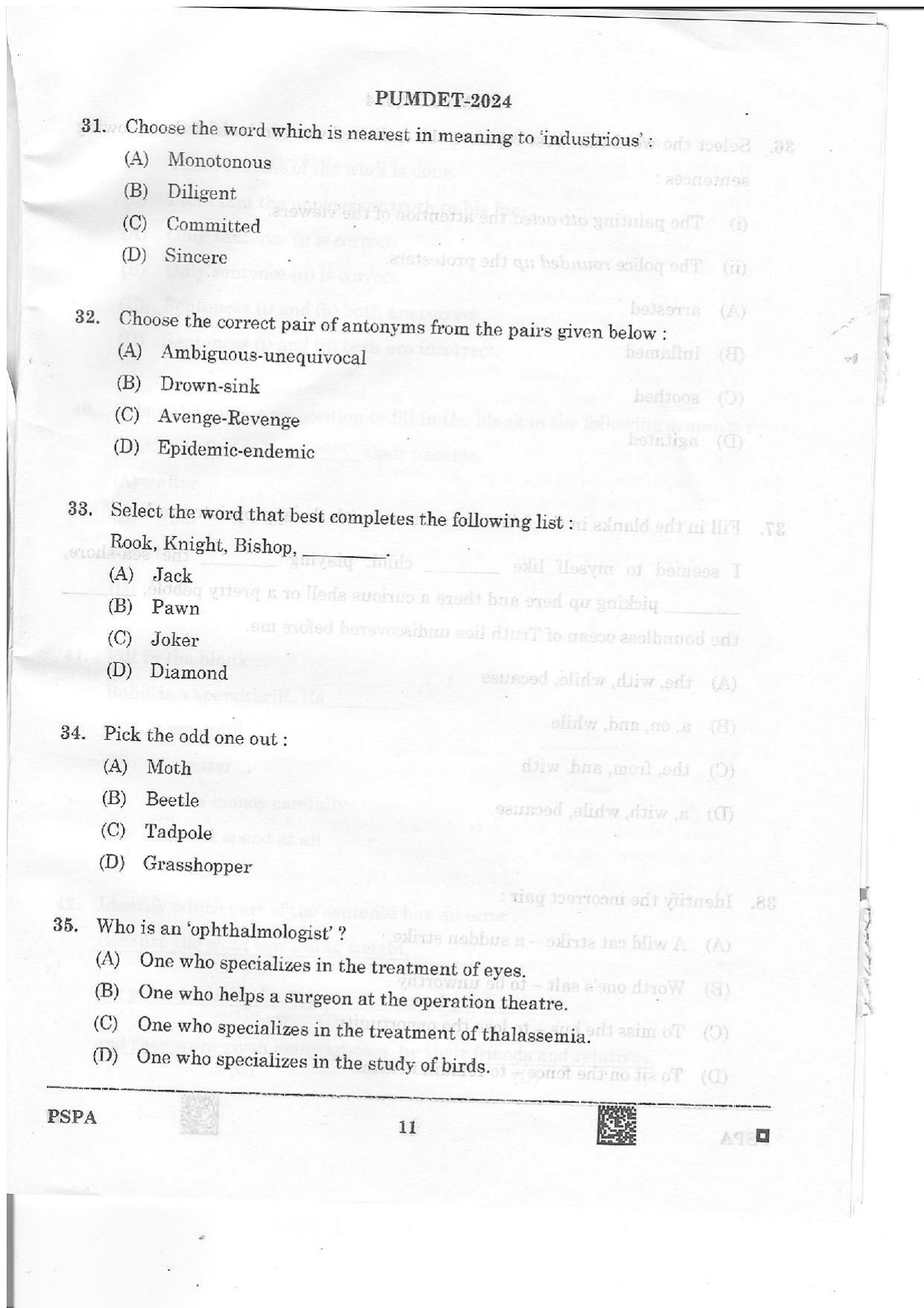 PUMDET 2024 PSPA Question Paper - Page 11