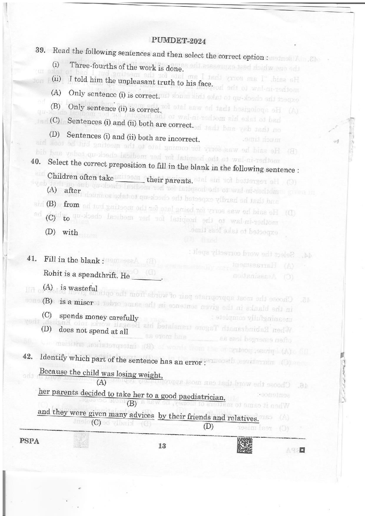PUMDET 2024 PSPA Question Paper - Page 13