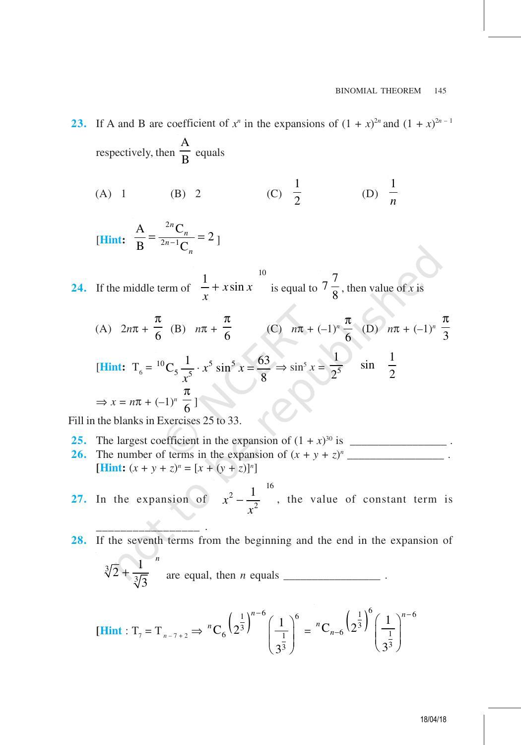 NCERT Exemplar Book for Class 11 Maths: Chapter 8 Binomial Theorem - Page 17
