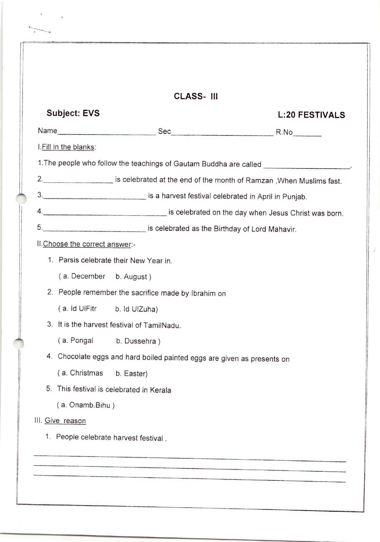 Worksheet for Class 3 EVS Assignment 42 Festivals - Page 1