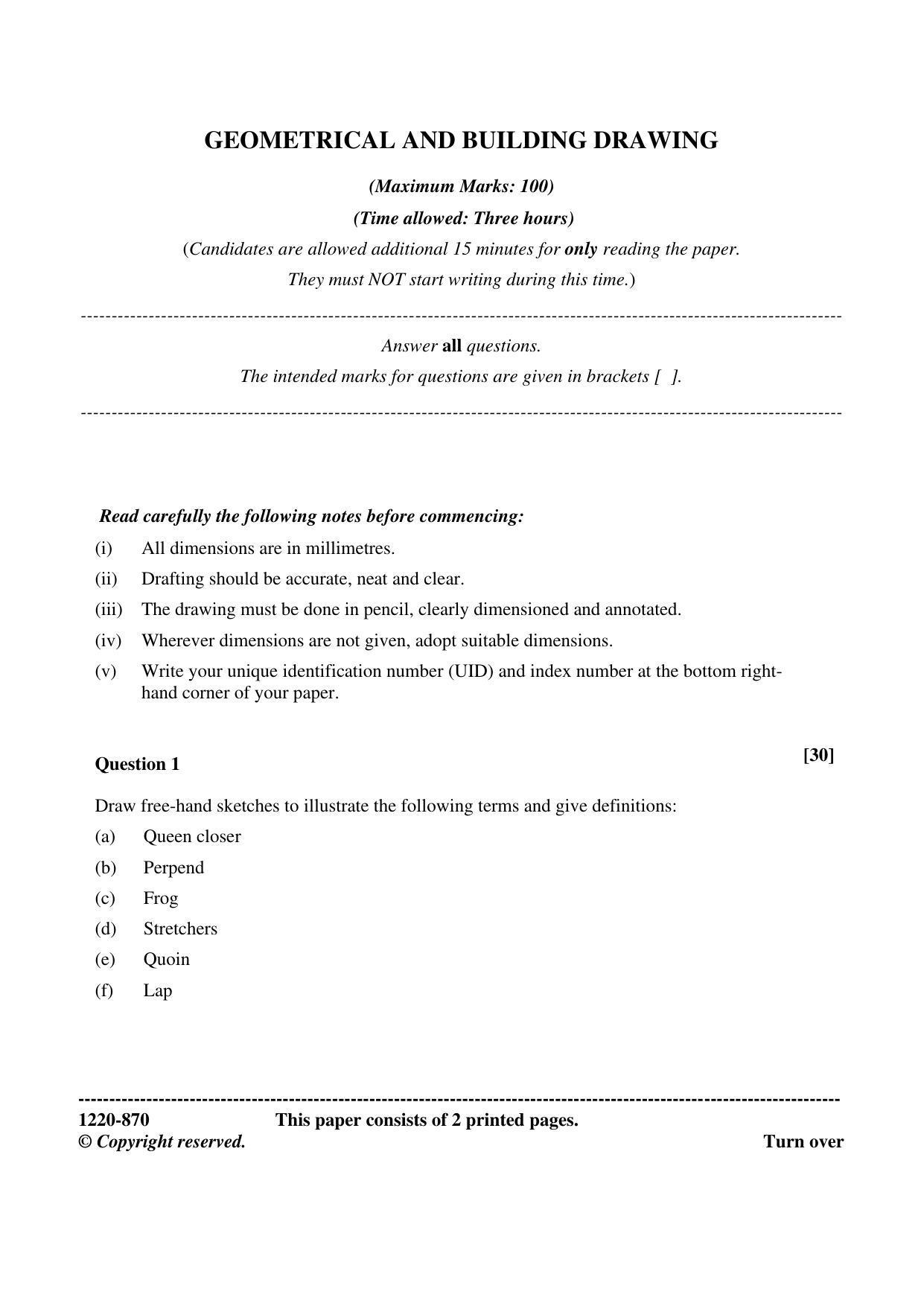 ISC Class 12 2020 Geom & Buld. Drawing Question Paper - Page 1