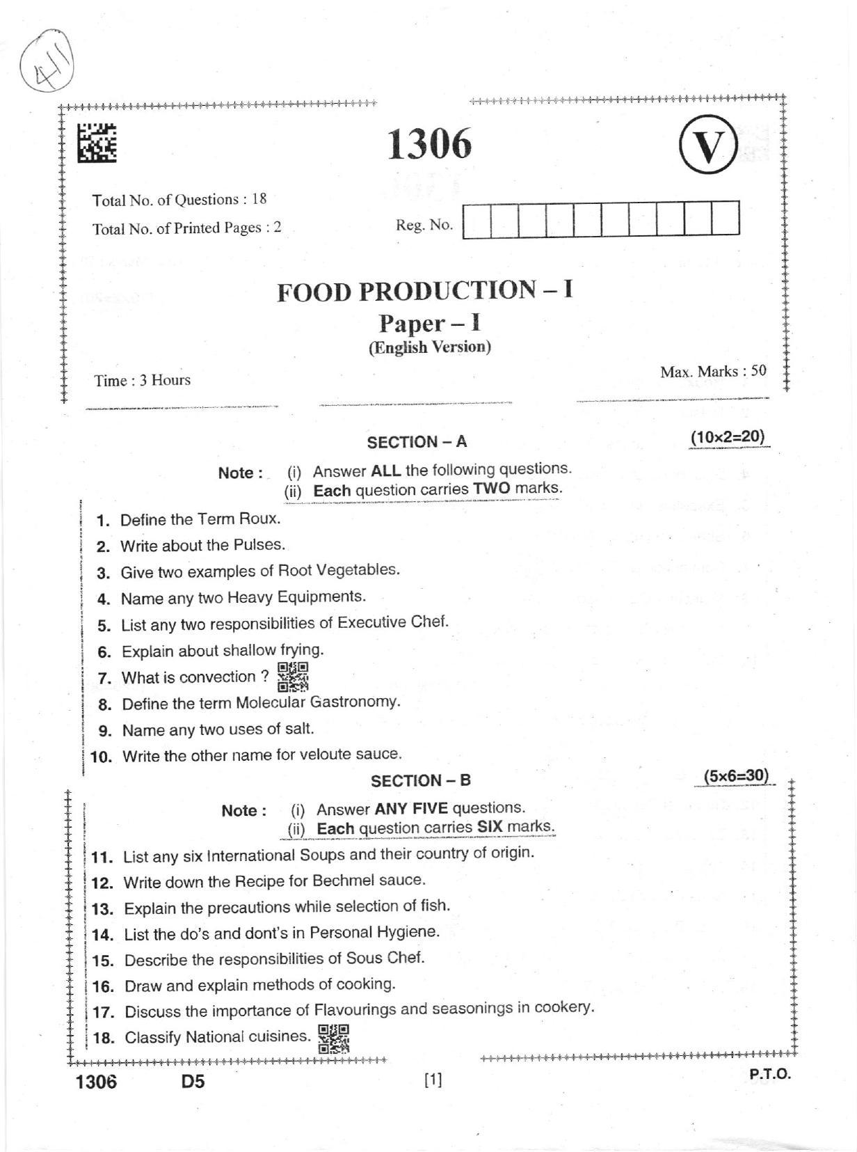 AP Intermediate 2nd Year Vocational Question Paper September-2021- Food_Production-I - Page 1