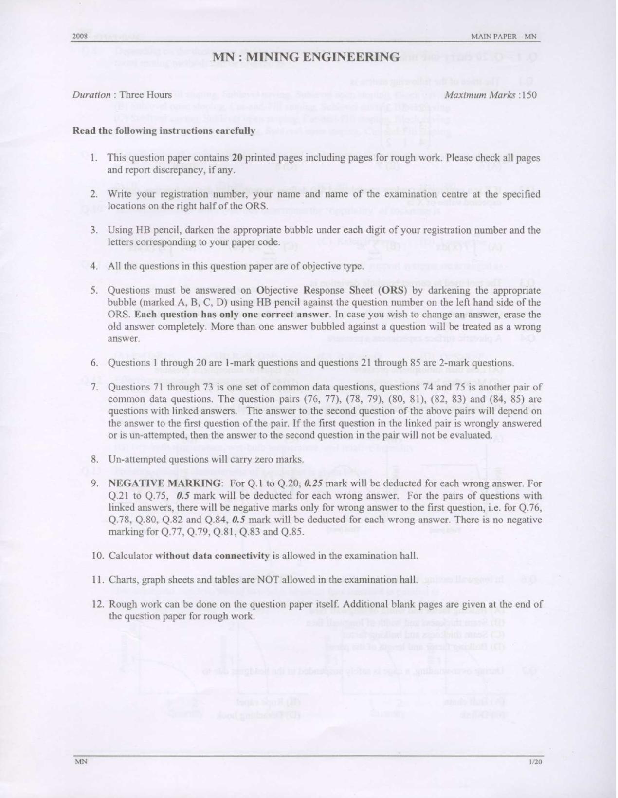 GATE 2008 Mining Engineering (MN) Question Paper with Answer Key - Page 1