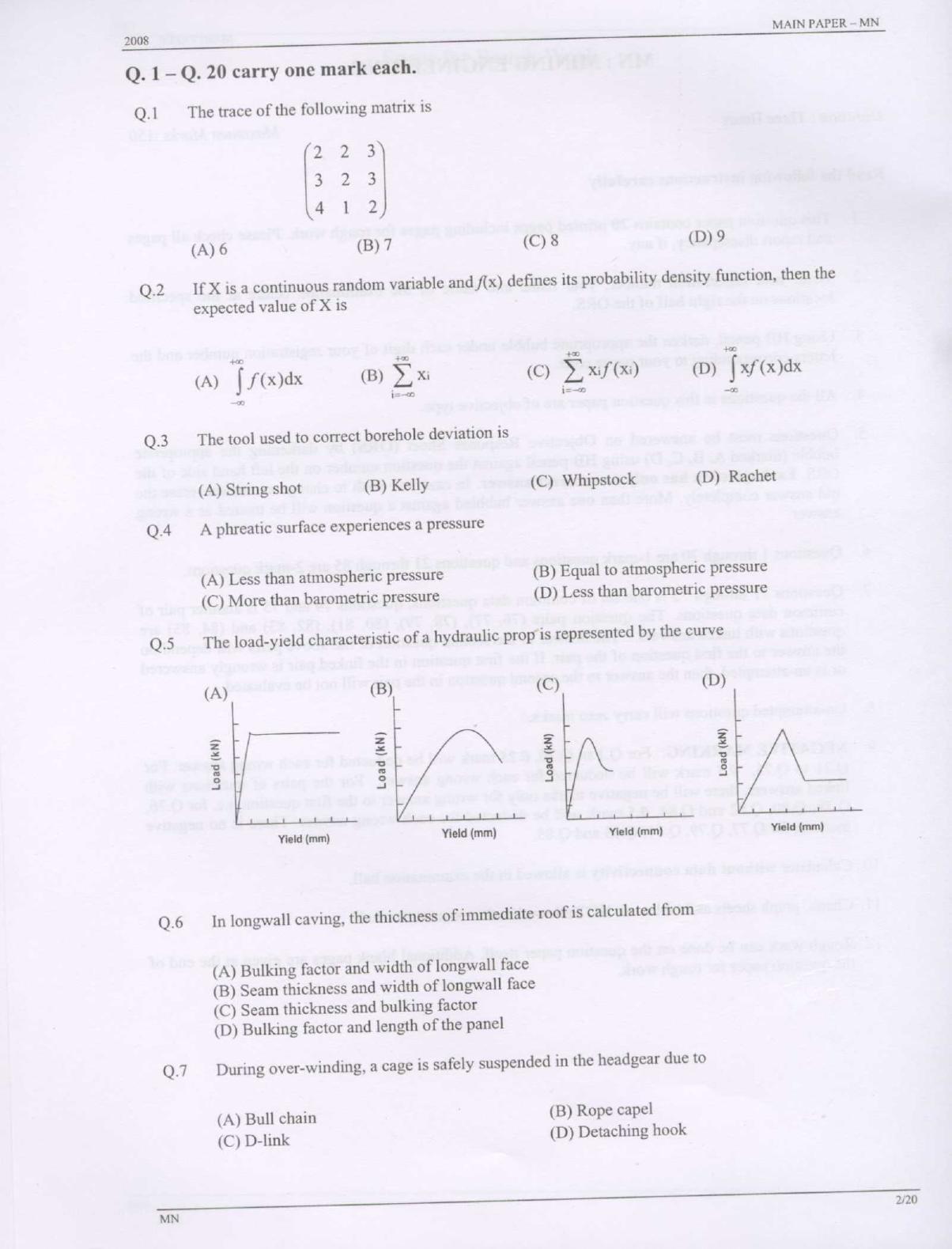 GATE 2008 Mining Engineering (MN) Question Paper with Answer Key - Page 2