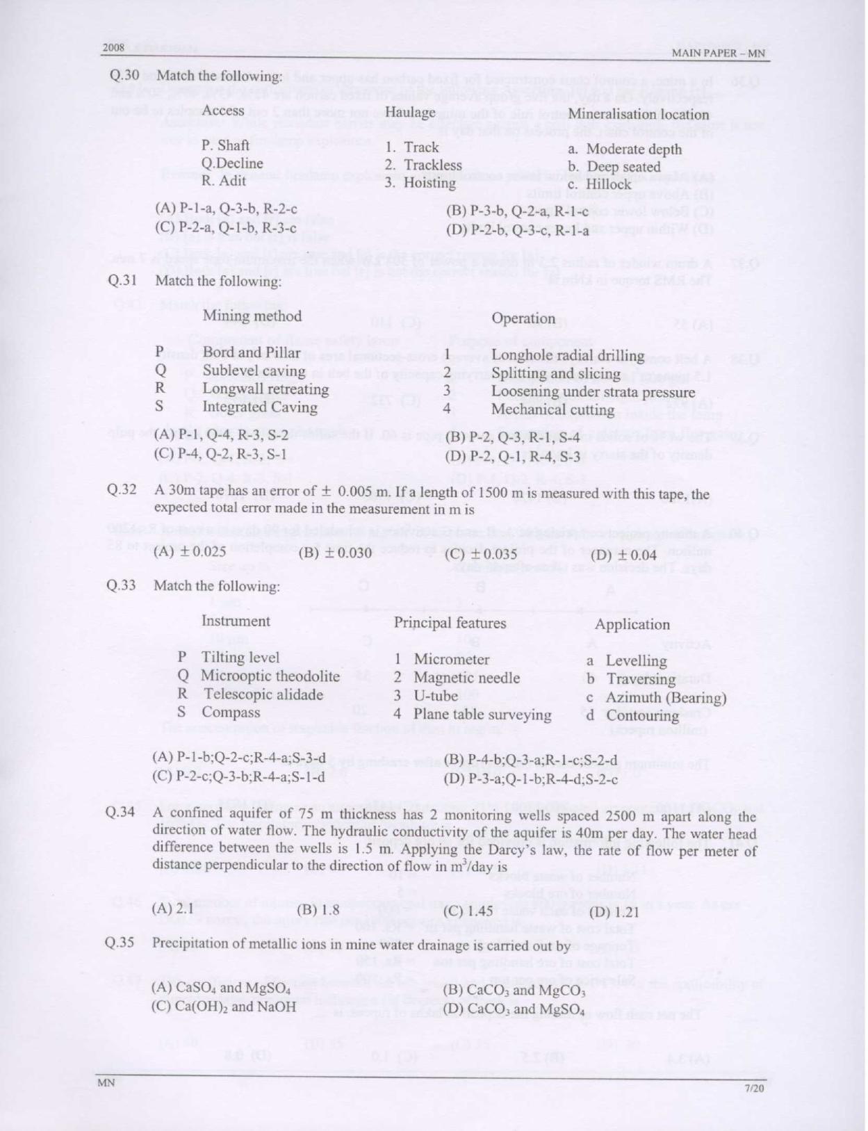 GATE 2008 Mining Engineering (MN) Question Paper with Answer Key - Page 7