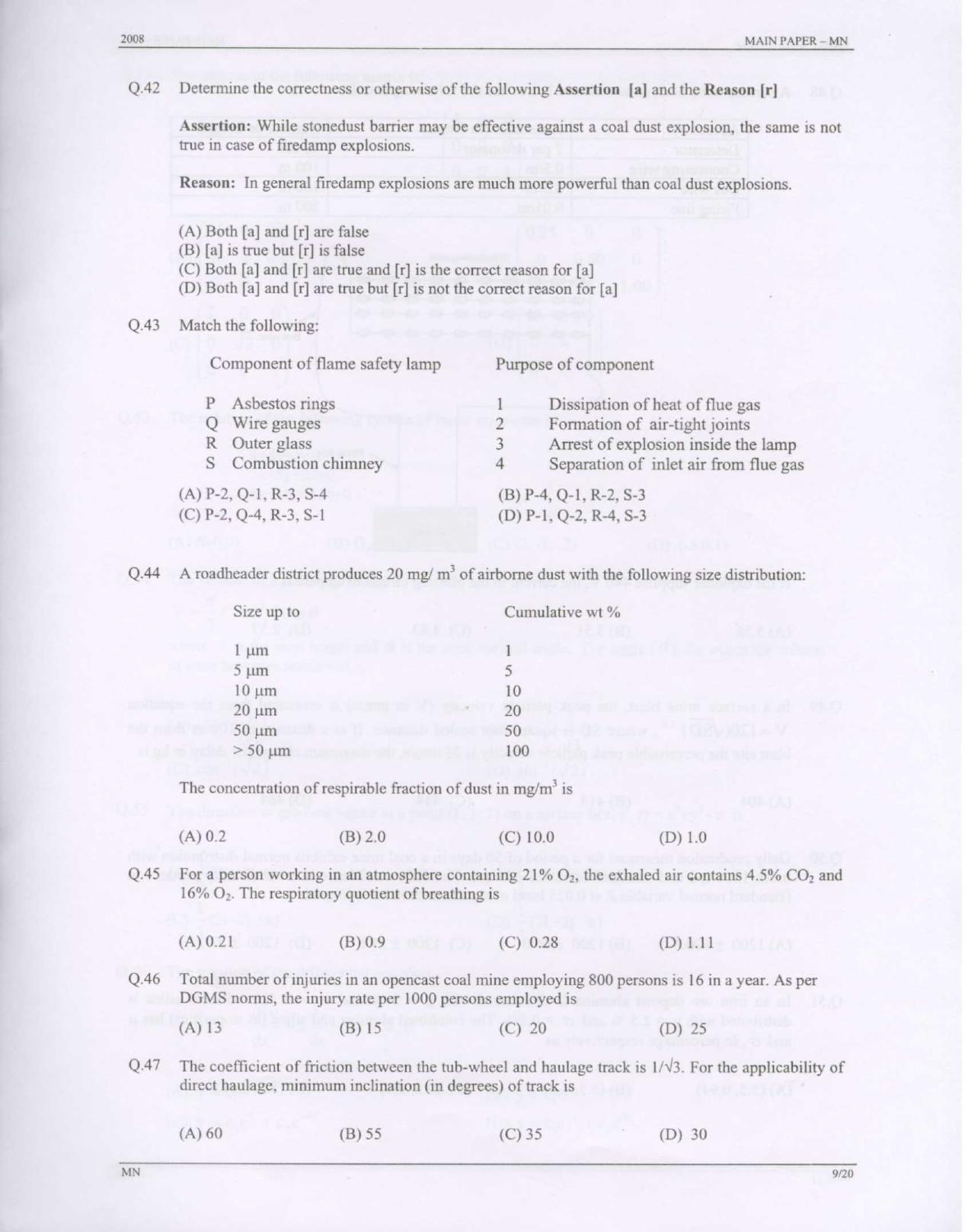 GATE 2008 Mining Engineering (MN) Question Paper with Answer Key - Page 9