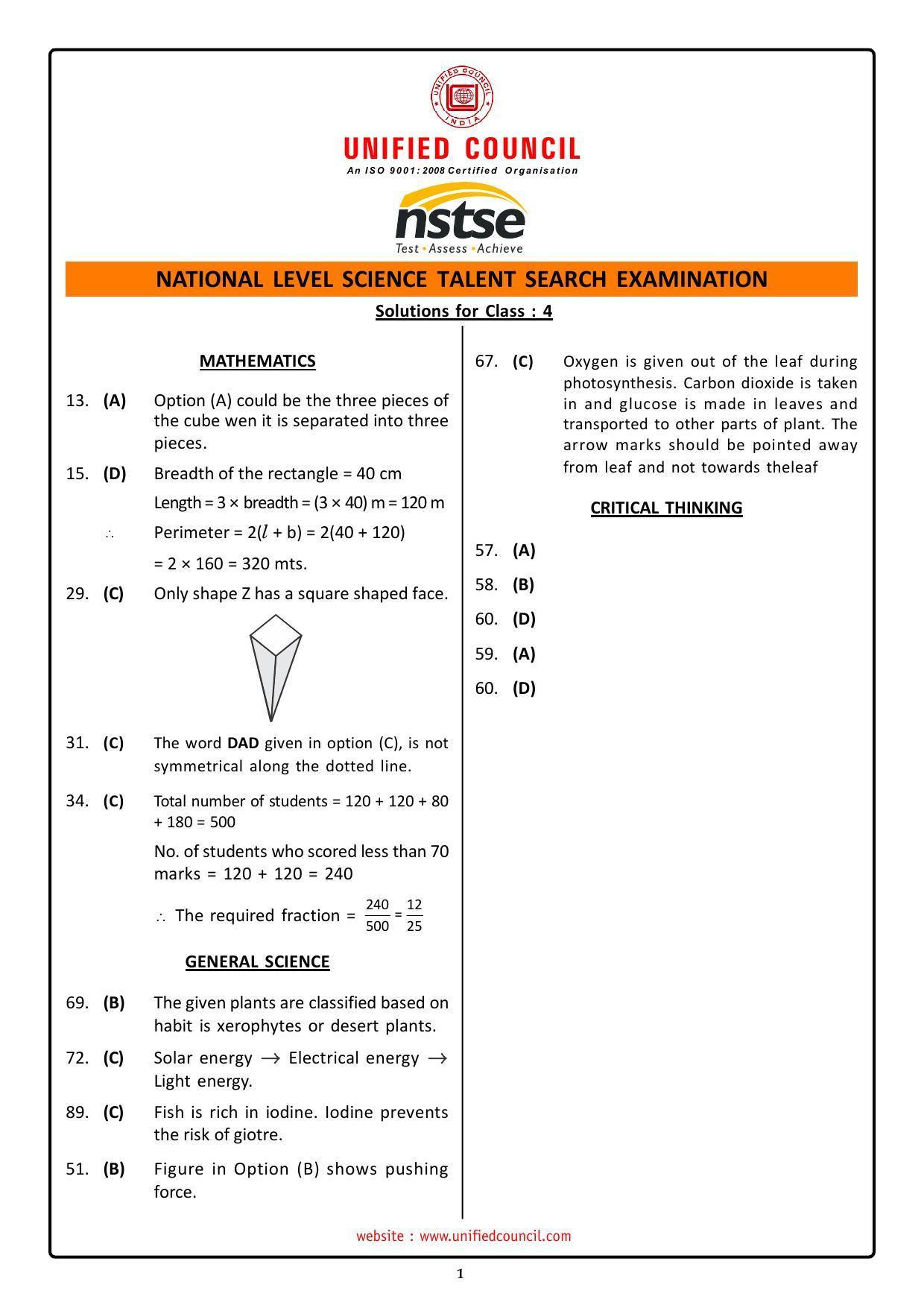 2023 Class 4 NSTSE Key & Solutions - Page 1