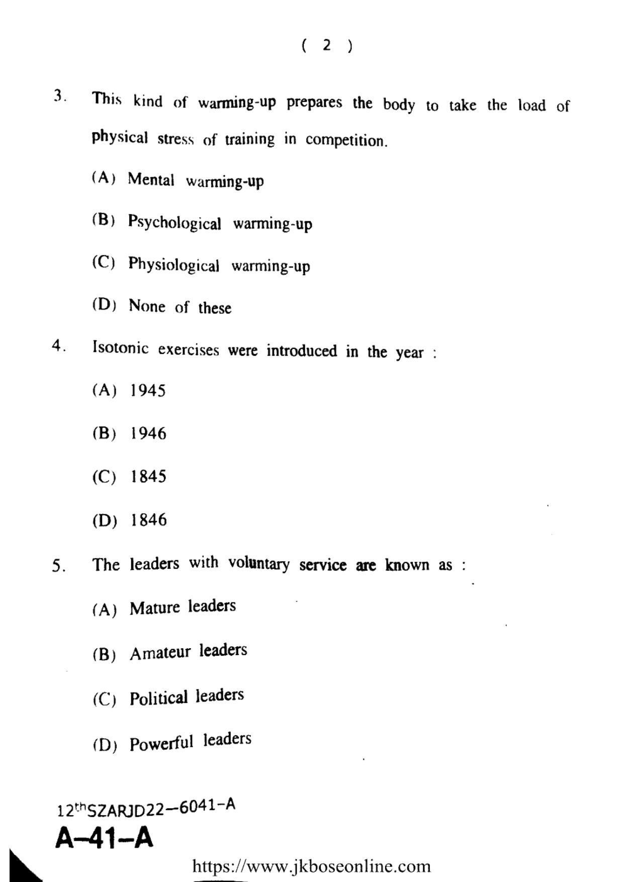 JKBOSE Class 12 Physical-Education 6041-A Question Papers 2022 - Page 2