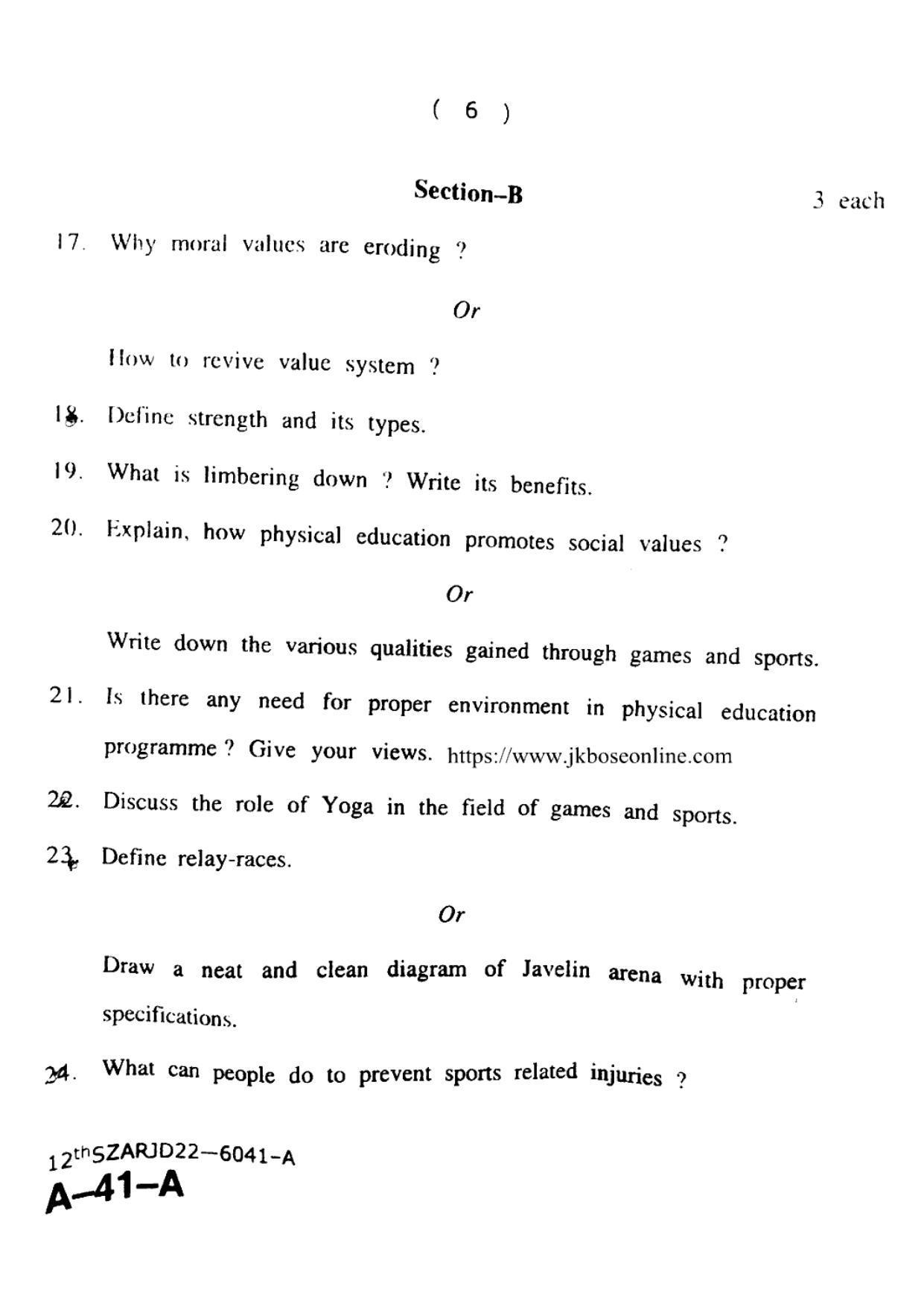 JKBOSE Class 12 Physical-Education 6041-A Question Papers 2022 - Page 6
