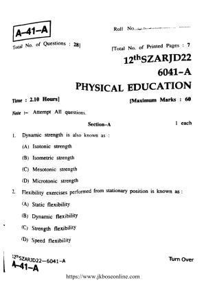 JKBOSE Class 12 Physical-Education 6041-A Question Papers 2022