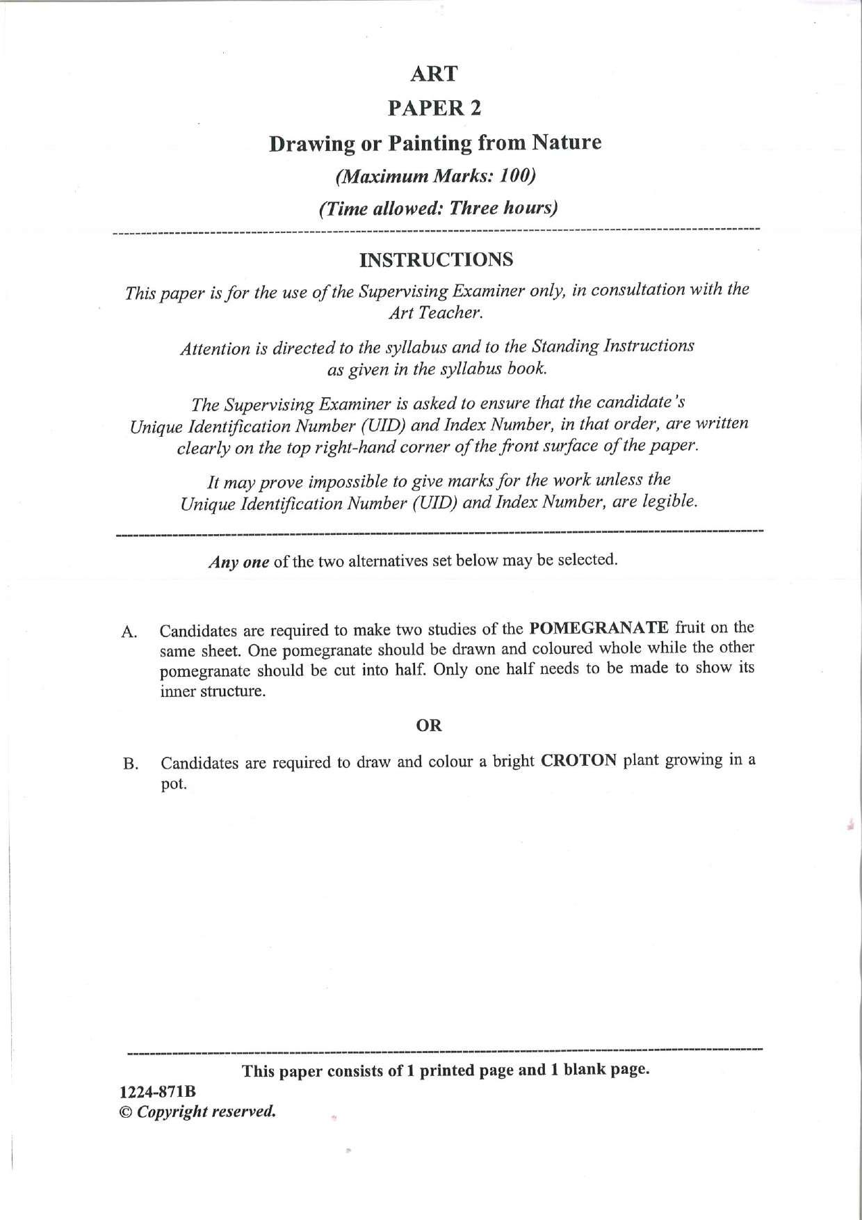 ISC Class 12 Arts Paper 2 (Drawing / Painting from Nature) 2024 Question Paper - Page 1