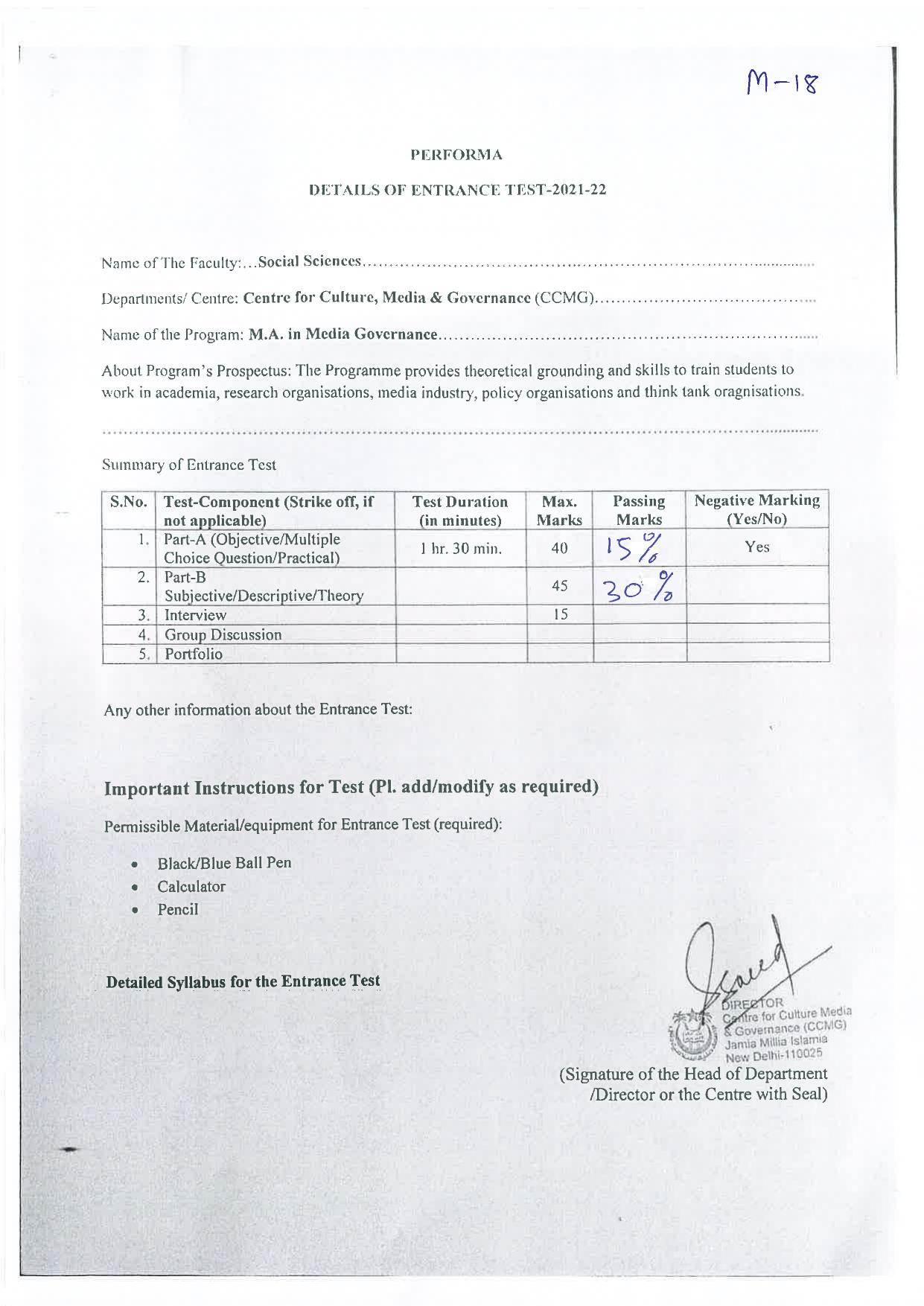 JMI Entrance Exam M18-M.A.(Media Governance) Syllabus - Page 1